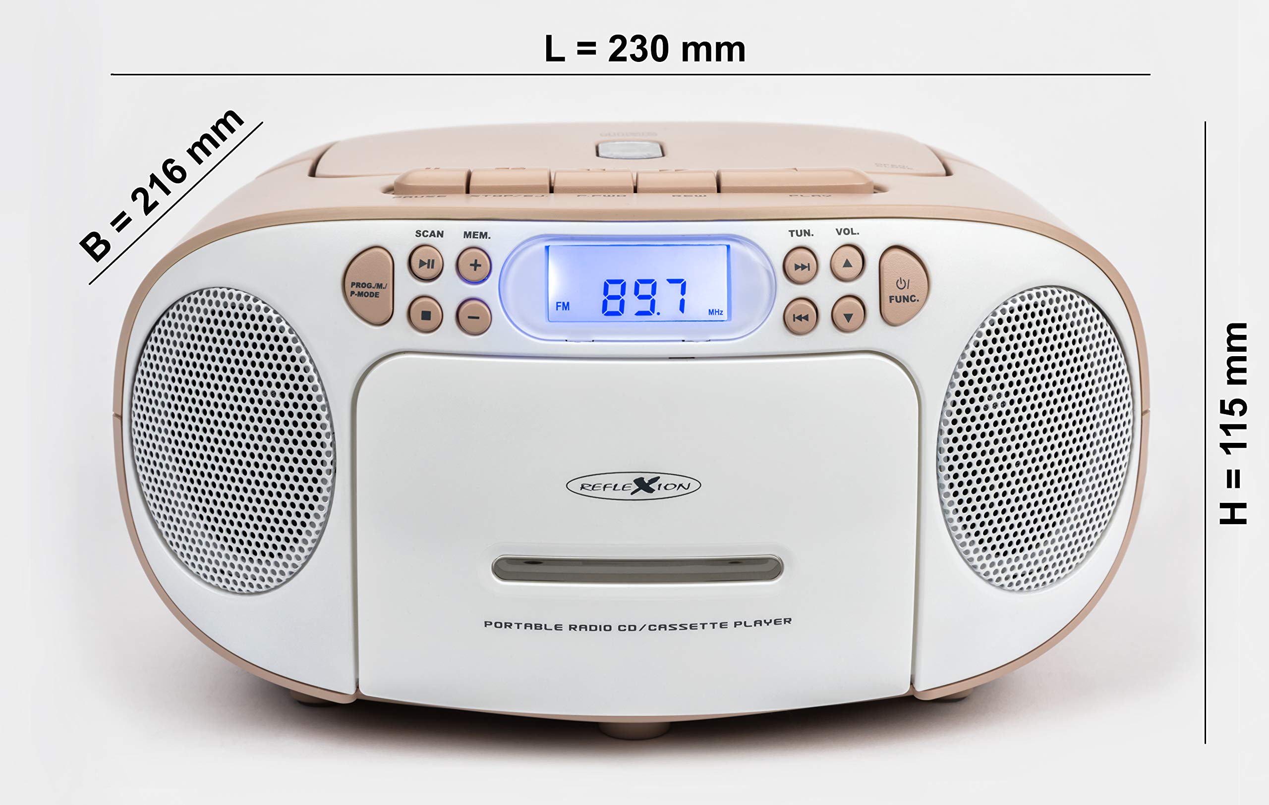Reflexion RCR2260 Portable CD Player with Cassette & FM Radio - PLL Tuning, LCD Display, AUX Input, Headphone Jack - White/Pink (Home, Office, Car, Travel Use)