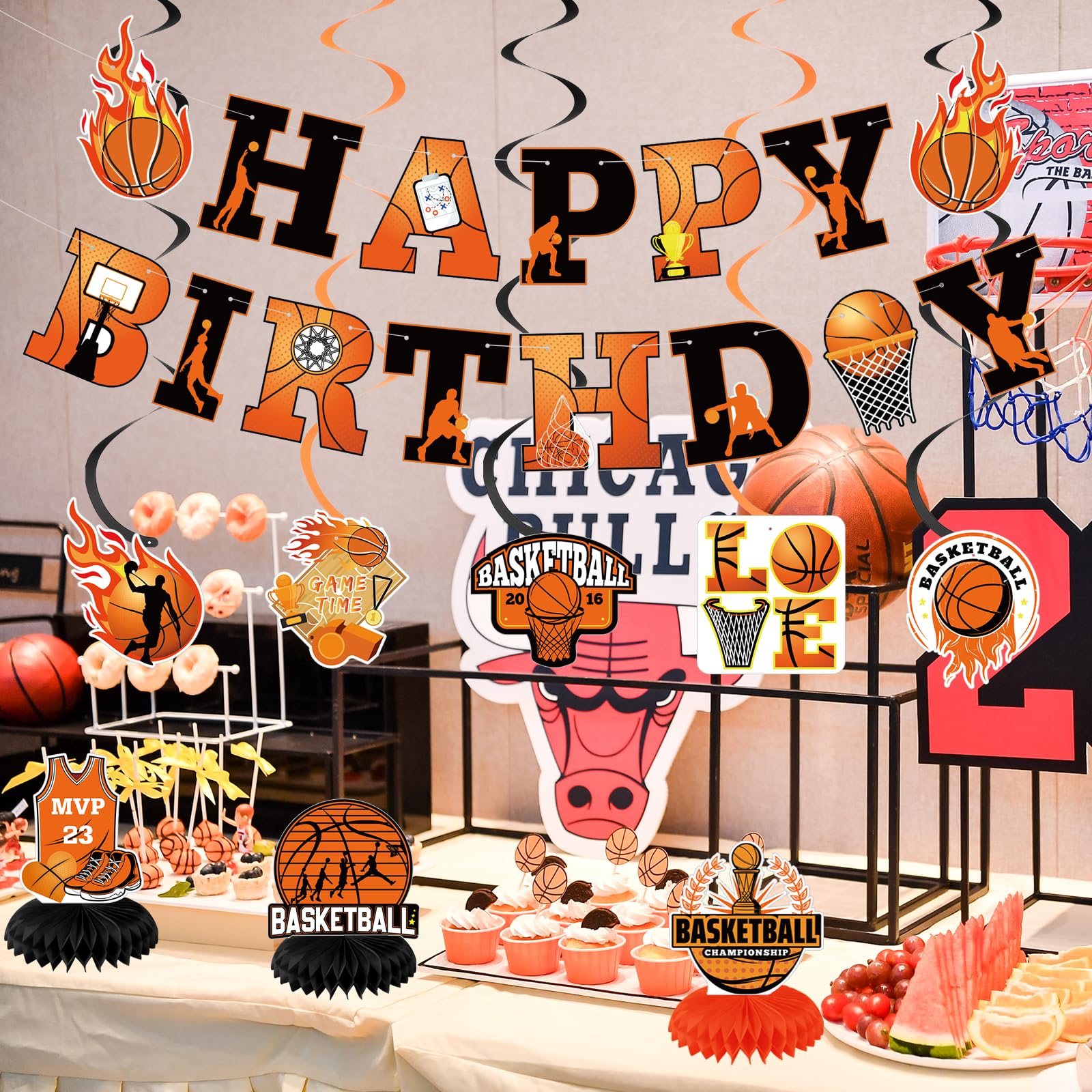 Basketball Party Decorations Set - Happy Birthday Banner, Hanging Swirls & Honeycomb Centerpiece for Boys Kids Sports Theme Party | Perfect for Birthday Celebrations, Basketball Themed Events and Kids Room Decor