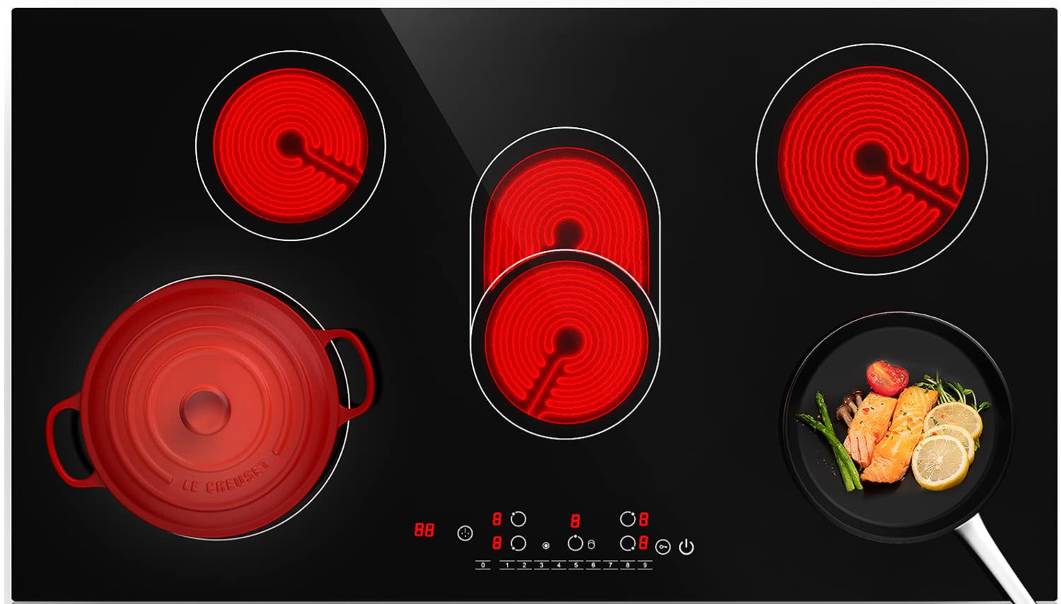 36 Inch Electric Cooktop with 5 Burners - 8600W Power, 9 Heating Levels, Child Lock & Timer - Overheat Protection for All Cookware - Perfect for Home Kitchen, Restaurant & RV Cooking