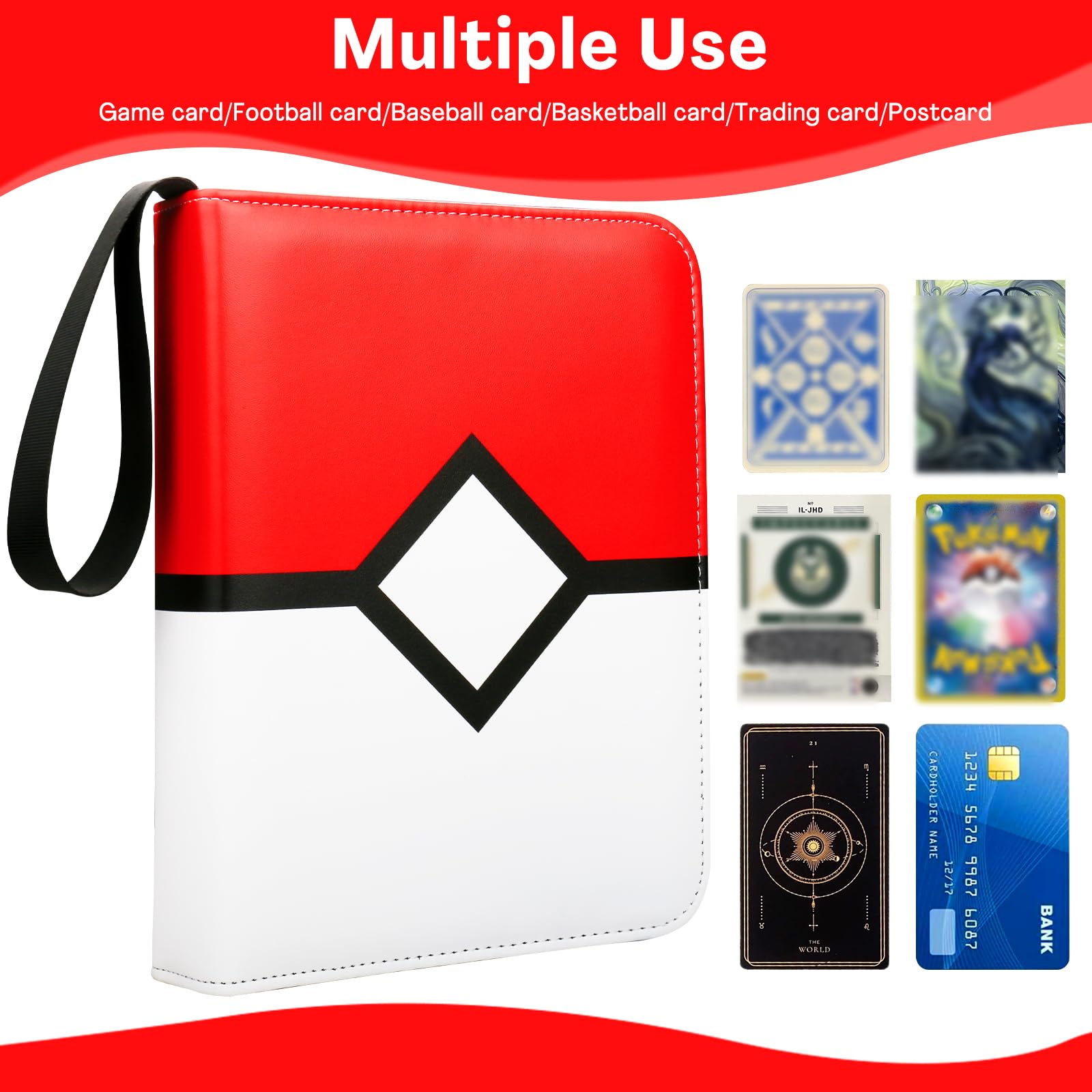 4-Pocket Card Binder Holds 400 Cards - 50 Page Trading Card Album with Zipper | Portable Sports & Game Card Organizer | Perfect for Collectors, TCG Players & Gift Giving (Red)