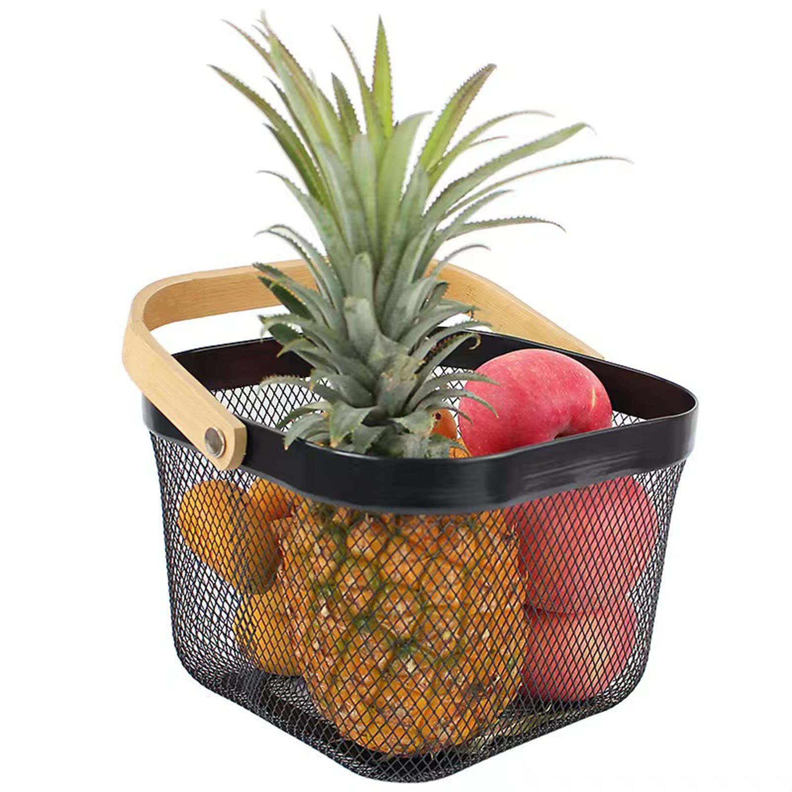 2 Pack Black Metal Mesh Steel Baskets with Wood Handles - Multi-Purpose Storage Organizer for Kitchen, Bathroom, Picnic & Home Decor - Perfect for Fruits, Vegetables, Spices & Household Items