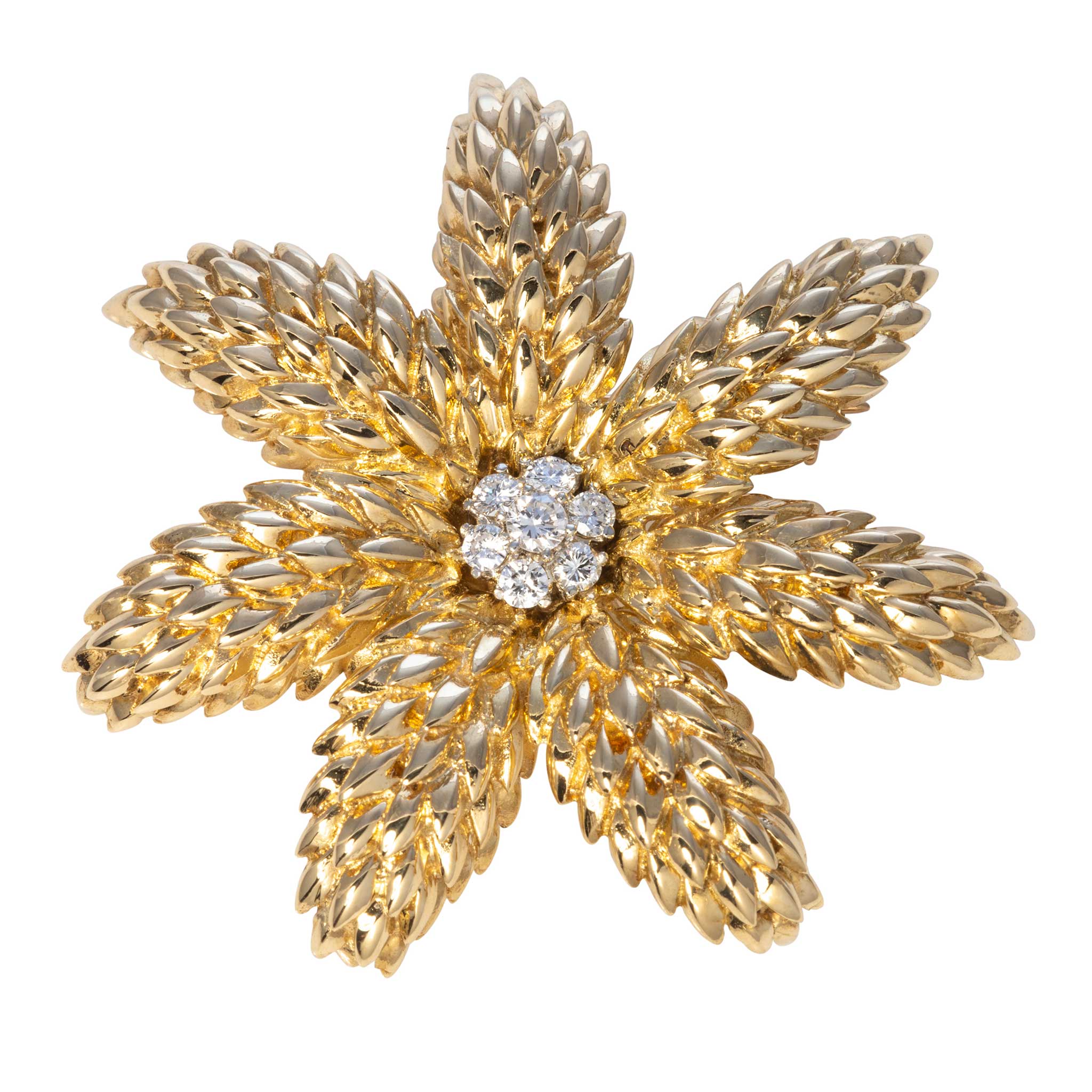 Vintage Tiffany & Co Diamond 18K Gold Textured Floral Brooch Pin - Elegant Antique Jewelry for Women, Perfect for Weddings, Parties & Special Occasions