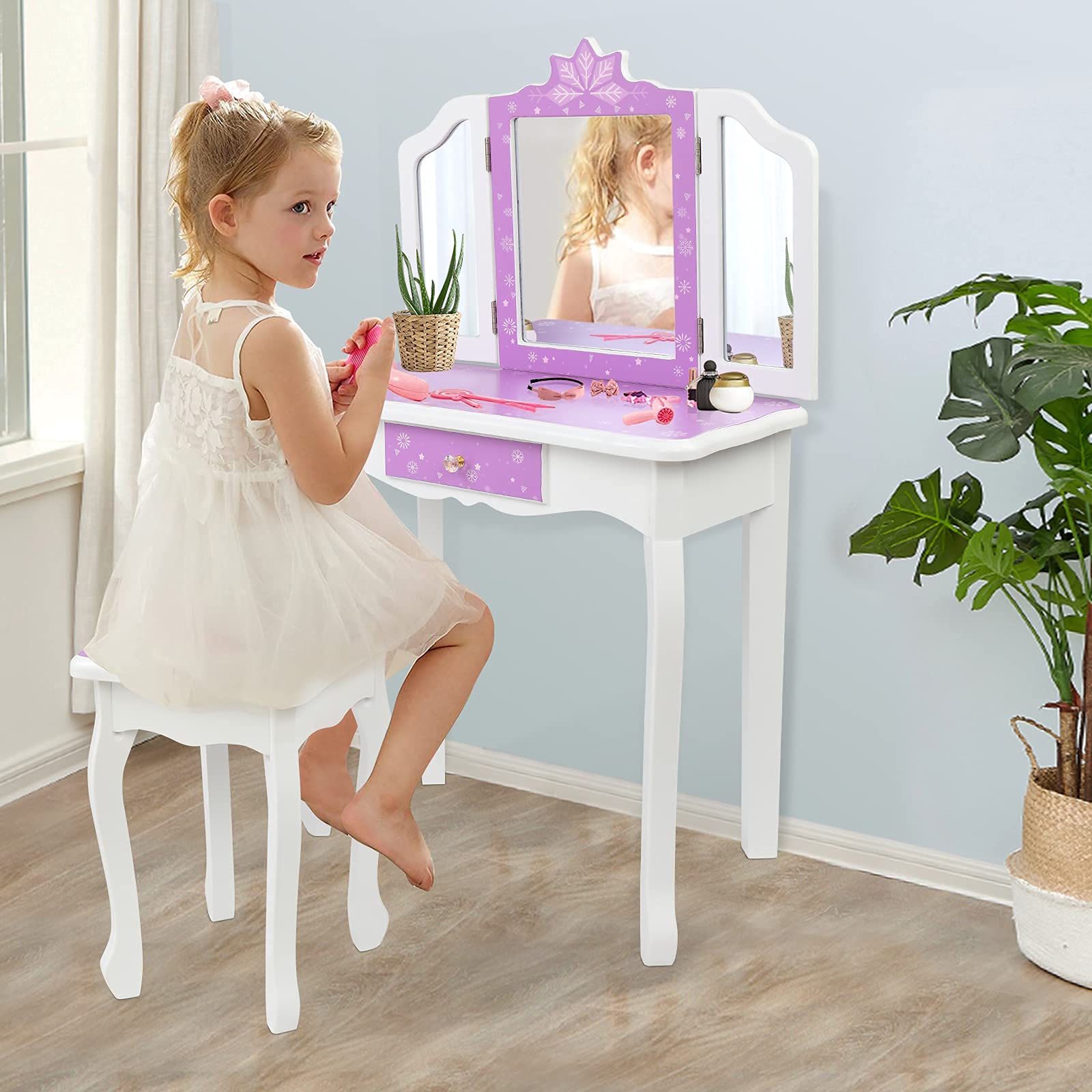 **Princess Vanity Set for Girls Ages 3-9 – Kids Makeup Dressing Table with Stool, Tri-Folding Mirror & Drawer – 2-in-1 Toddler Vanity (Purple) – Perfect for Pretend Play, Birthday Gifts & Bedroom Decor**