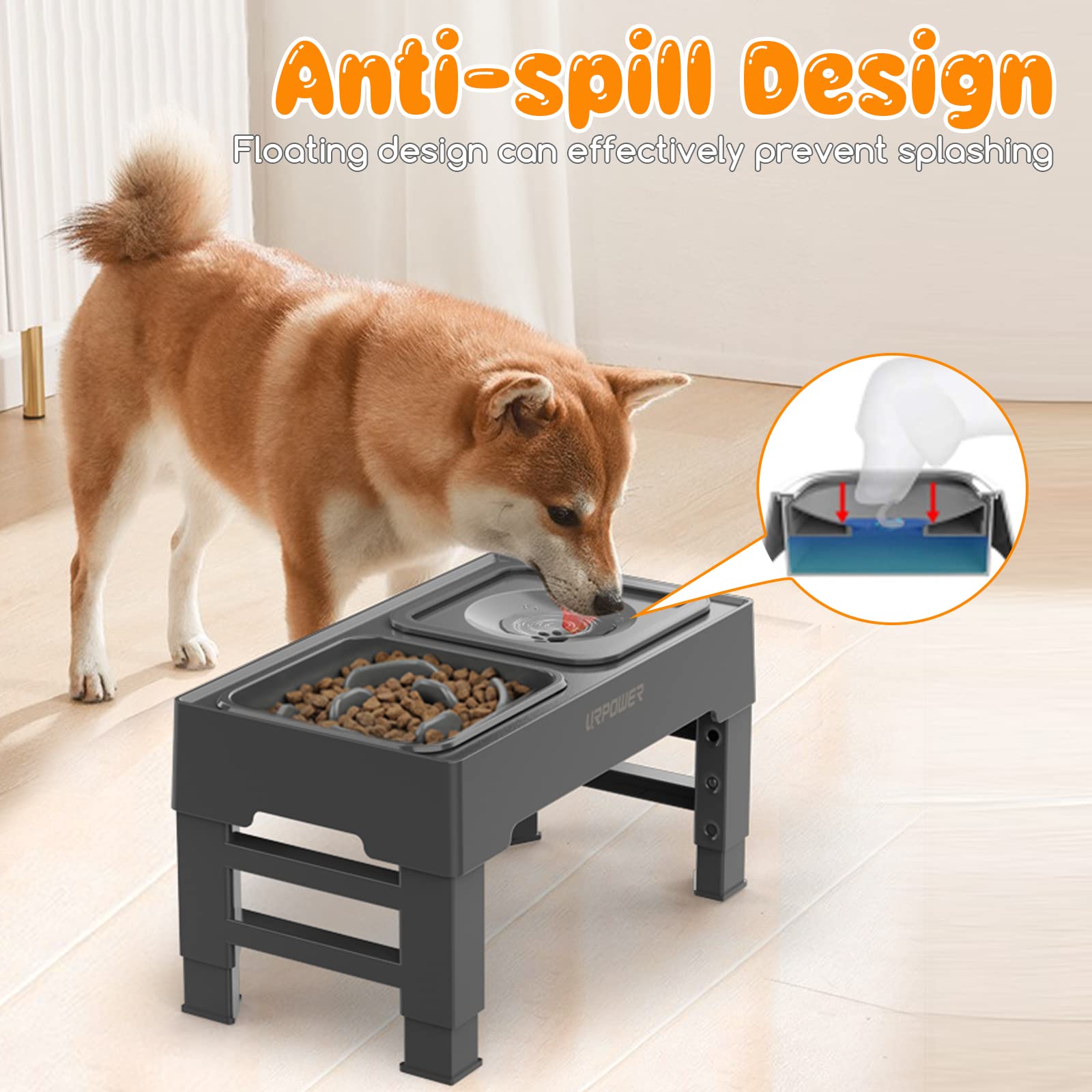 URPOWER 2-in-1 Elevated Slow Feeder Dog Bowl with No Spill Water Bowl - 4 Height Adjustable Raised Pet Feeder for Small, Medium & Large Dogs, Cats - Anti-Choking & Digestion Aid for Fast Eaters - Perfect for Home, Travel & Outdoor Use