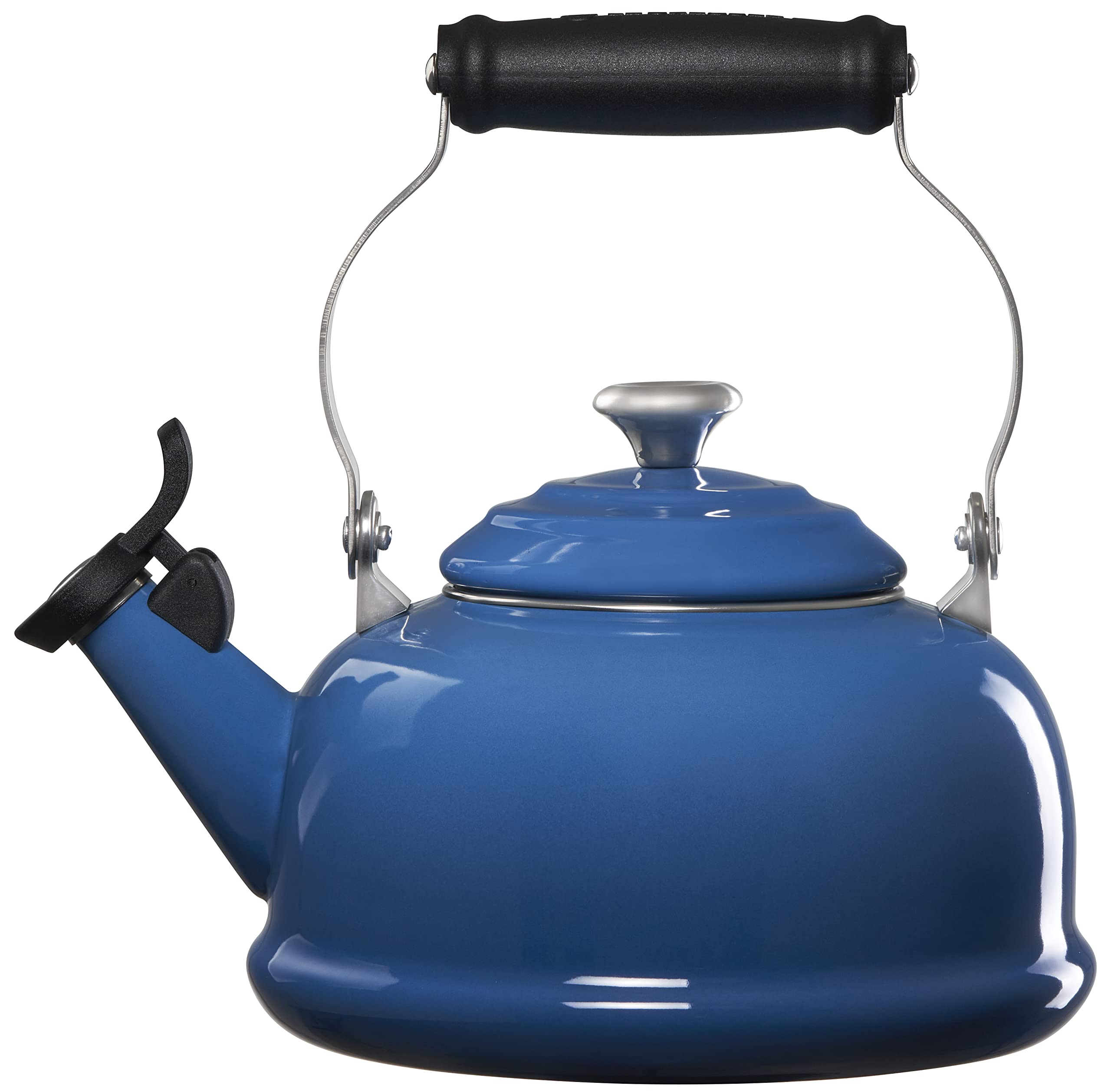 Le Creuset Enameled Steel Whistling Tea Kettle 1.7 Quart - Classic Marseille Blue with Metal Handle - Perfect for Stovetop Brewing & Kitchen Decor