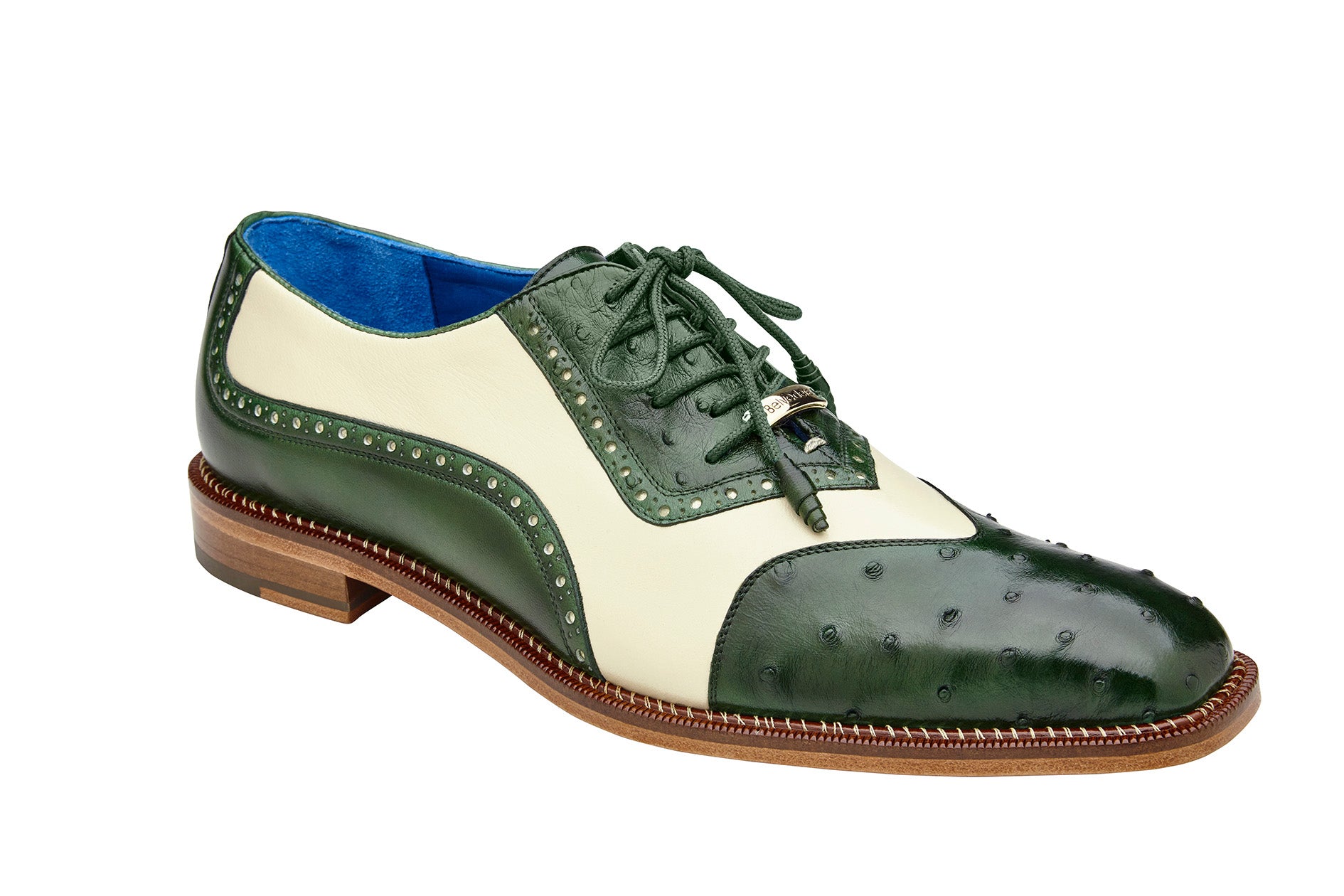 Belvedere Sesto Genuine Ostrich Quill & Italian Leather Wingtip Dress Shoes - Forest Green/Cream - Size R54 | Premium Men's Formal Shoes for Weddings, Business Meetings & Special Occasions