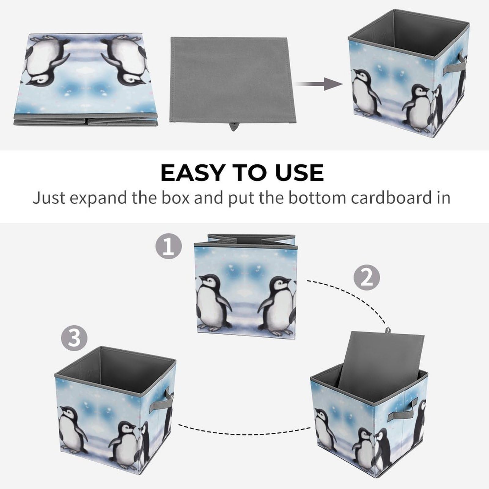 Collapsible Storage Bins with Handles - Penguin Printed Organizing Baskets for Home & Office