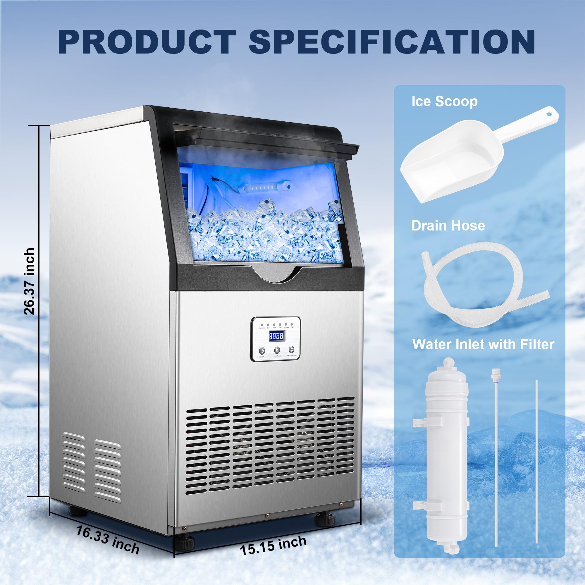 Commercial Ice Maker Machine - 110LBS/24H Stainless Steel Ice Maker with 25LBS Capacity, Produces 45 Ice Cubes in 12-15 Minutes, Self-Cleaning Function - Perfect for Restaurants, Bars, Home Kitchen, Office & Outdoor Parties (Includes Scoop)