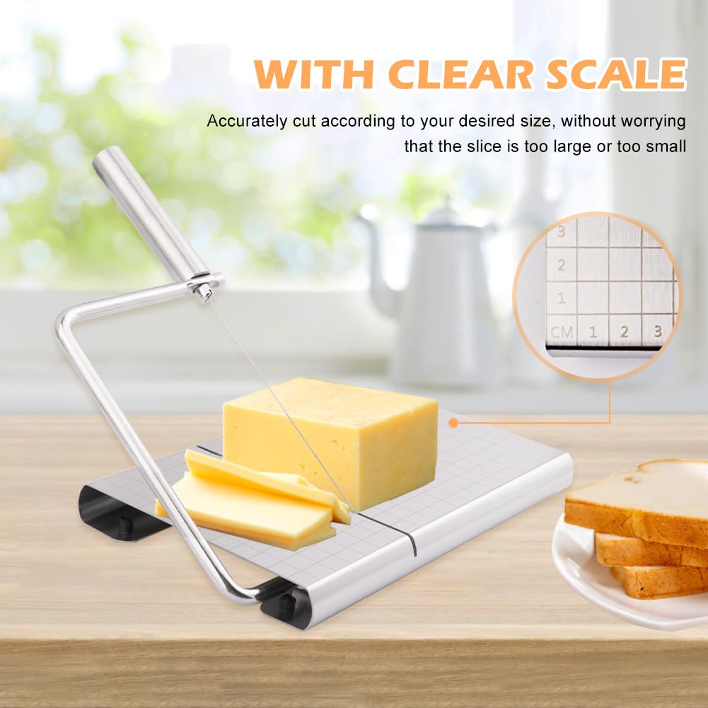 Premium Stainless Steel Cheese Slicer with 10 Wires & 25 Baking Oil Papers - Heavy Duty Adjustable Cheese Cutter Board for Block Cheese - Perfect for Home Kitchens, Delis, and Cheese Platter Preparation