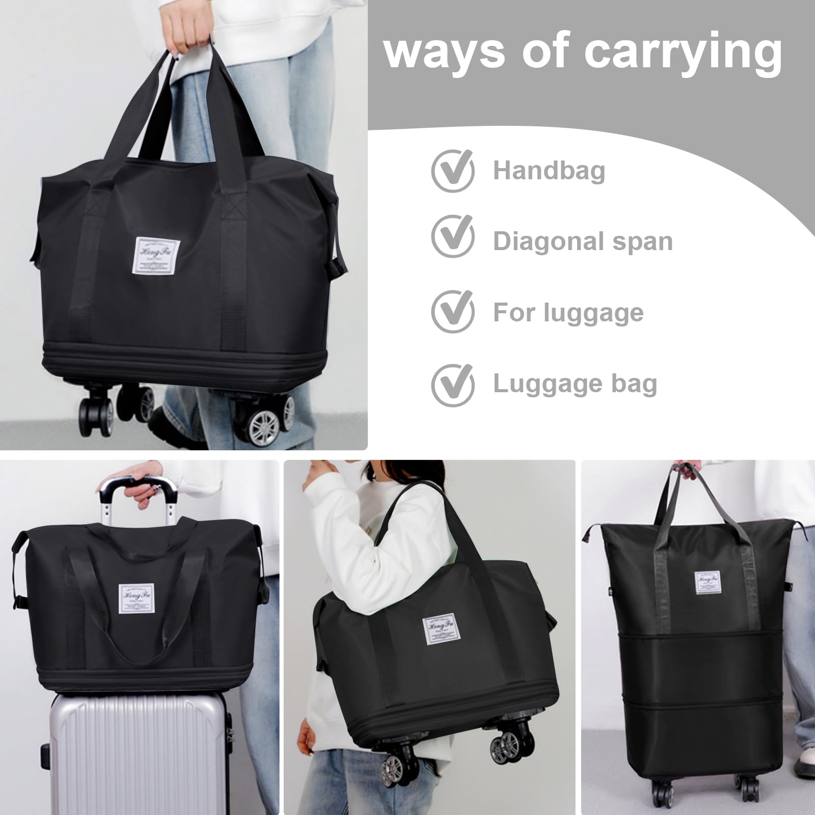 Foldable & Expandable Travel Duffel Bag with Detachable Wheels - Large Carry-On Luggage for Gym, Camping, Business Trips - Black | Perfect for Air Travel, Weekend Getaways & Sports Equipment Storage