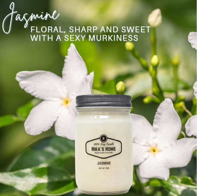 Nika's Home 12oz Jasmine Soy Candle in Mason Jar - Non-Toxic, Hand-Poured, Long-Lasting 50-60 Hours - Highly Scented All-Natural Clean Burning Candle - Perfect for Home Decor, Relaxation & Gift Giving