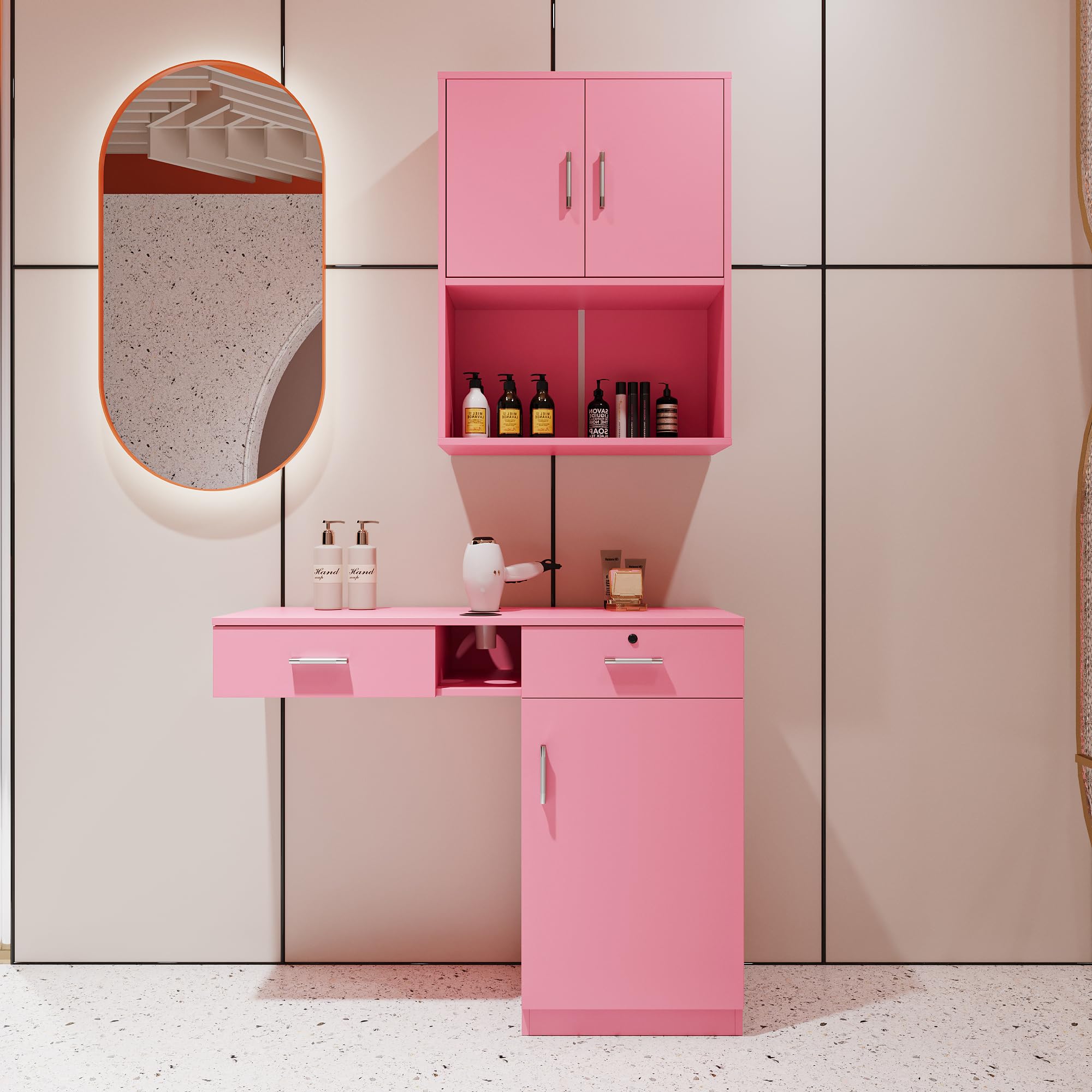 Taikonaut Wall Mount Barber Station w/Storage & Lockable Drawers - Salon Equipment for Stylists