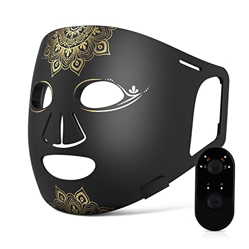 NEWDERMO LED Facial Silicone Therapy Mask - Anti-Aging Skin Tightening & Wrinkle Reduction - Boosts Collagen & Fights Inflammation - 4 Modes (Black Gold Mandala) - Perfect for Home Skincare & Professional Spa Treatments