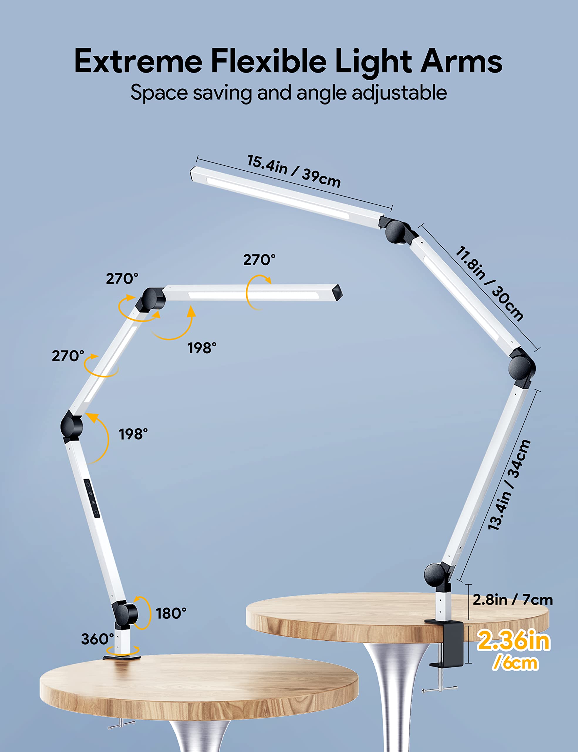 MediAcous LED Desk Lamp with Clamp - Adjustable Swing Arm, 4 Color Modes & 4 Brightness Levels, Dimmable Eye-Caring Light with Memory Function - Perfect for Home Office, Study, Reading & Crafting (White)