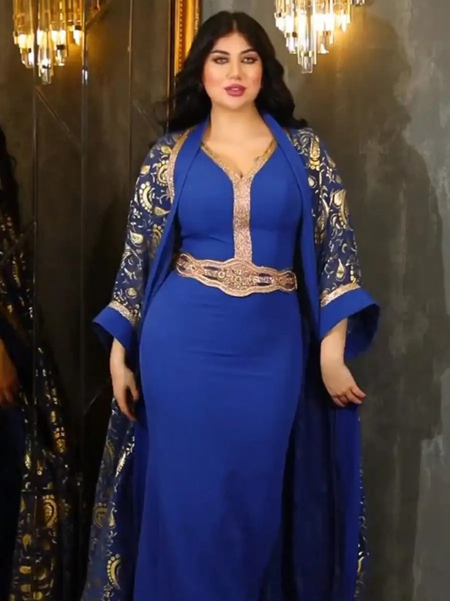 Elegant 2-Piece Muslim Women's Eid Caftan Dress Set with Inner Sleeveless Dress - Perfect for Eid Celebrations, Weddings & Special Occasions