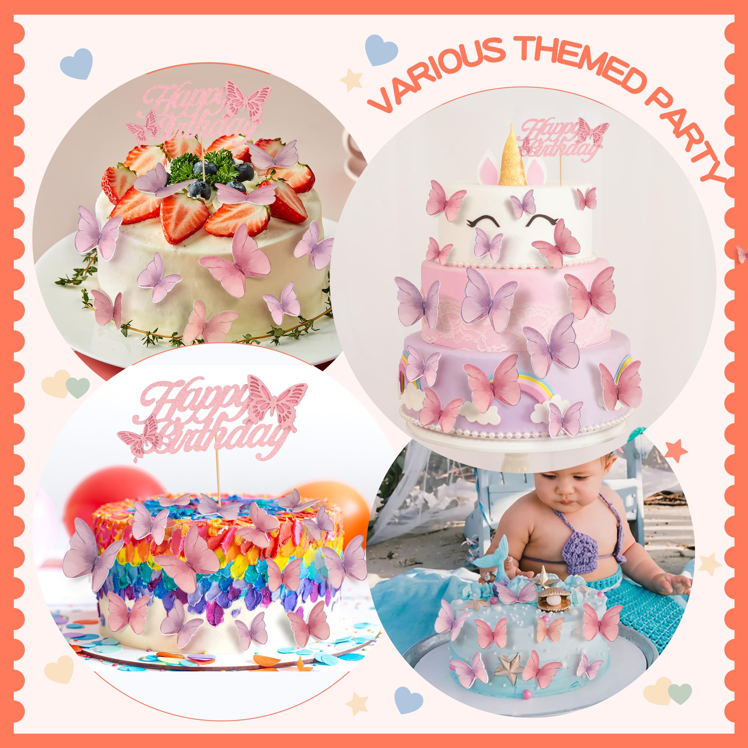 48 Pcs Edible Butterflies for Cake Decorations - 3D Wafer Paper Butterfly Cupcake Toppers, Happy Birthday Cake Topper for Party, Wedding & Baby Shower (Pink & Purple) - Perfect for Birthday Cakes, Cupcakes, Desserts & Special Occasions