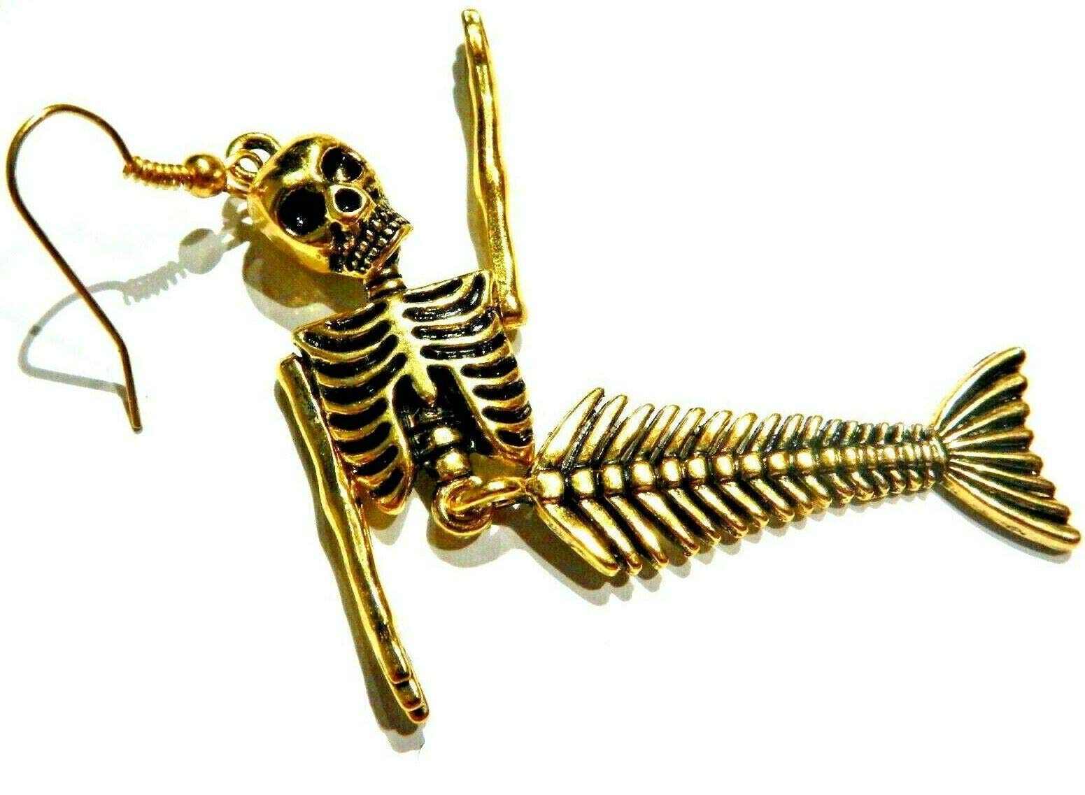 Hypoallergenic Mermaid Skeleton Earrings - Gold Tone Dangling Nickel-Free Hooks for Punk Gothic Style | Perfect for Halloween, Cosplay, and Alternative Fashion