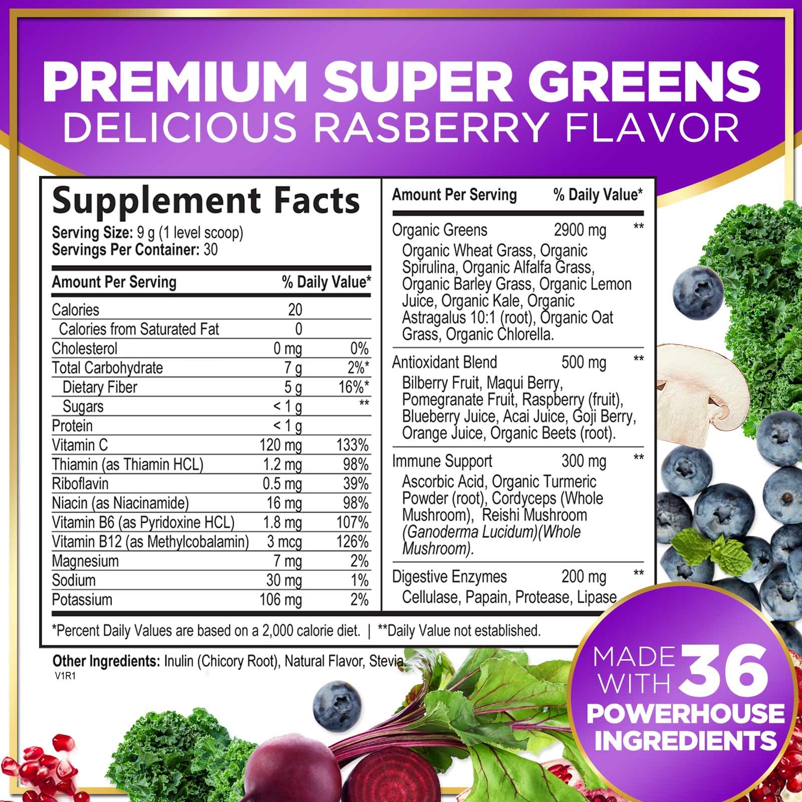 Organic Super Greens Powder with Digestive Enzymes & Antioxidants - Spirulina, Chlorella & 20+ Superfoods for Energy Boost - Vegan, Non-GMO Greens Supplement (30 Servings) - Perfect for Smoothies, Detox & Daily Nutrition Support