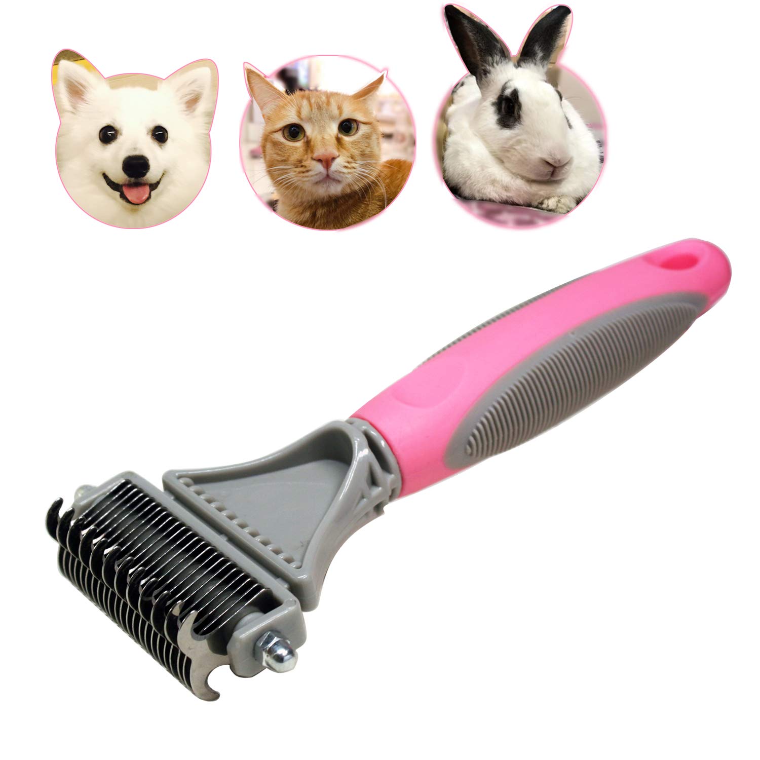 Pet Dematting Comb - 2 Sided Undercoat Rake for Cats & Dogs - Safe Grooming Tool for Removing Mats & Tangles - Medium & Long Haired Pet Brush for Shedding (Pink) - Perfect for Home Grooming & Professional Pet Care