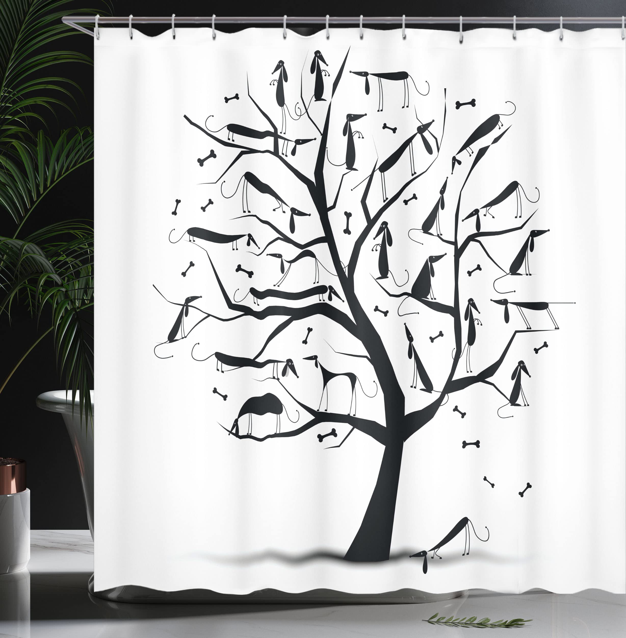 Ambesonne Abstract Shower Curtain - Monochrome Autumn Tree with Dachshund Silhouettes, 69x75 Inch White & Black Bathroom Decor Set with Hooks | Perfect for Dog Lovers' Bathrooms, Modern Home Decor, and Seasonal Theme Decorations