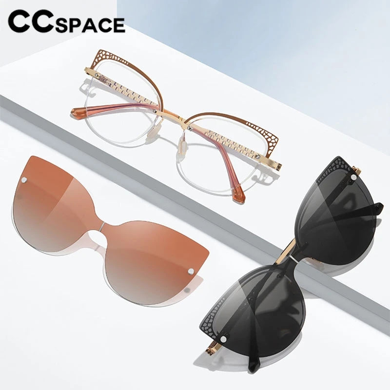 CCSpace Women's Full Rim Oval Cat Eye Alloy Eyeglasses with Clip-On Sunglasses - Fashionable Retro Frame for Work, Driving & Outdoor Activities (Model 302035)
