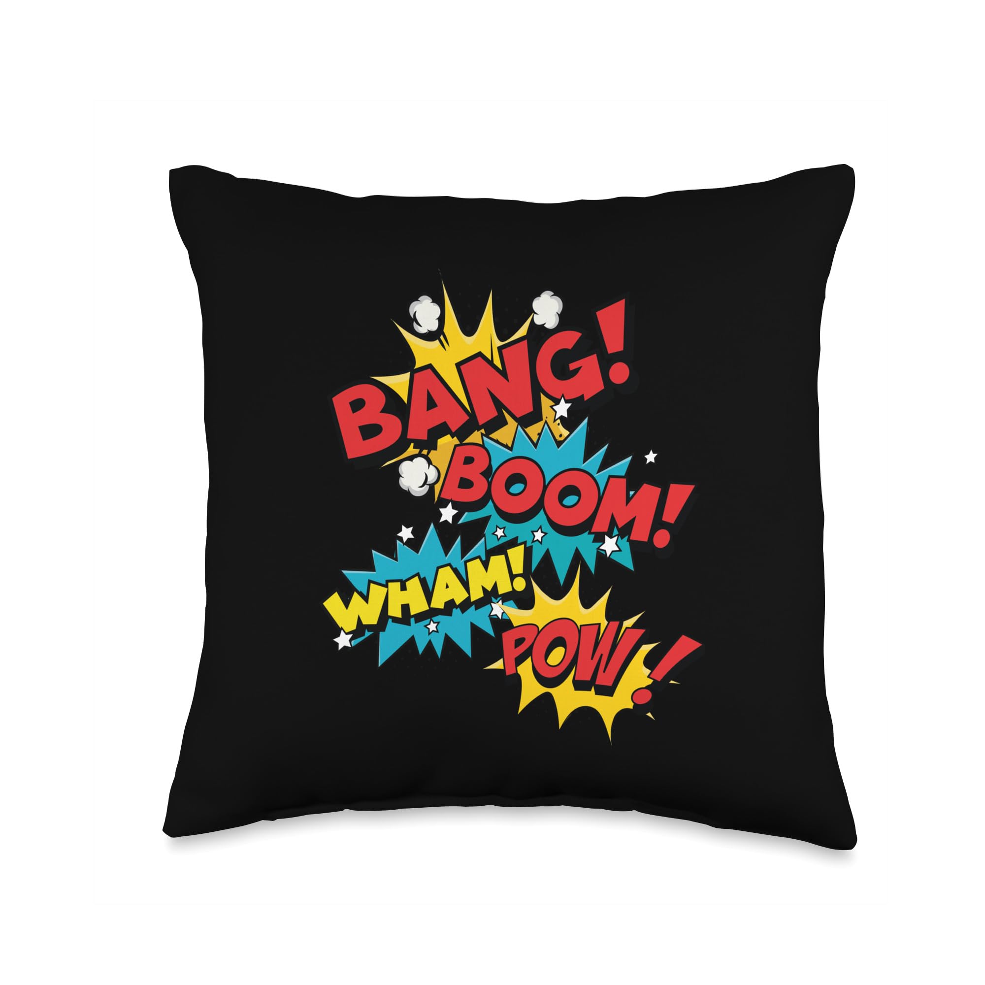 Bang Boom Pow Wham Comic Bubbles Throw Pillow - Pop Art Style Home Decor for Living Room, Bedroom, or Office - Perfect Gift for Comic Book & Superhero Fans