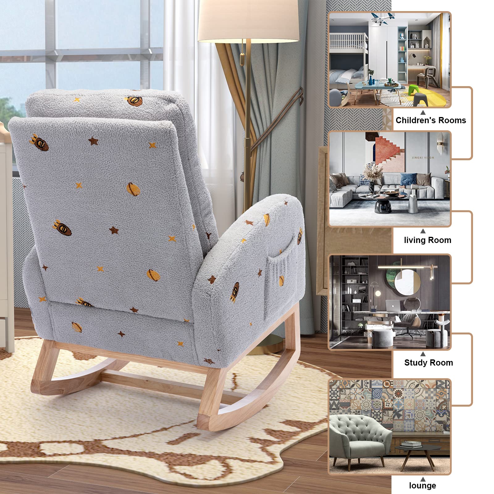 Pvillez Modern Upholstered Nursery Glider Rocking Chair - Comfortable Nursing Chair with Side Pocket for Breastfeeding, Baby Room & Living Room (Gray) - Perfect for Relaxing, Nursing & Nursery Decor