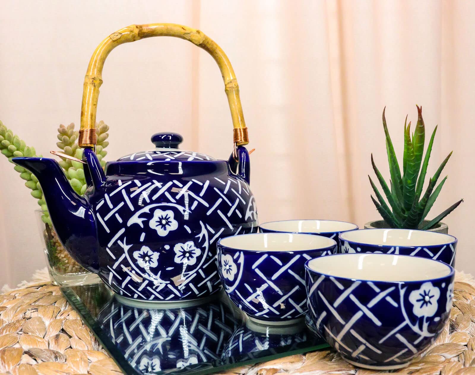 HomDEc Japanese Sakura Cherry Blossoms Floral Large 25oz Tea Pot with 4 Cups Set - Perfect for Afternoon Tea, Japanese Tea Ceremony & Home Decor