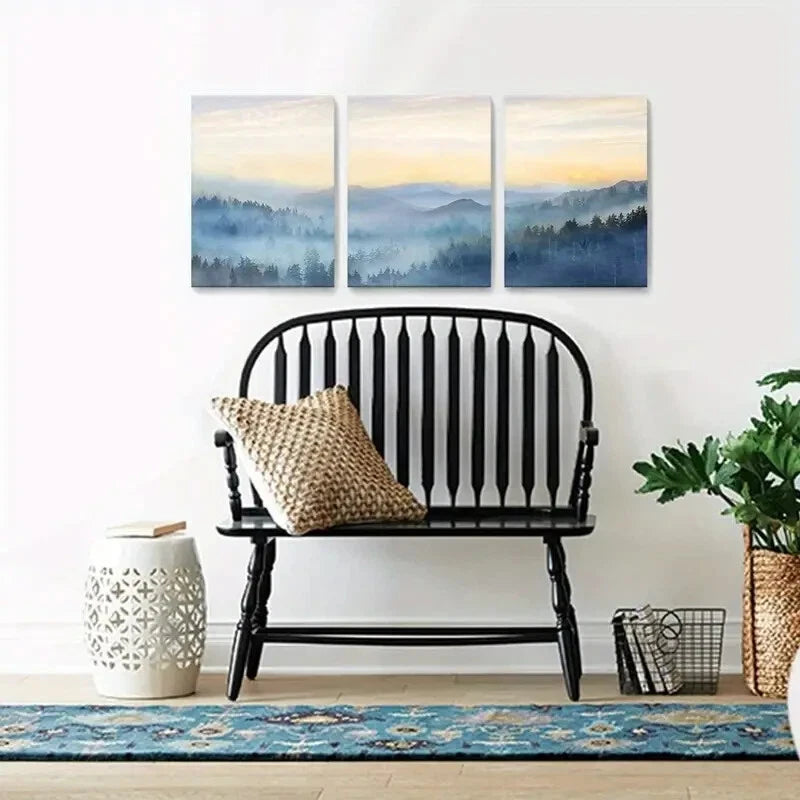 3-Piece Sunrise Fog Forest Metal Wall Art Prints - Ready to Hang Nature Landscape Decor for Living Room, Bedroom & Office