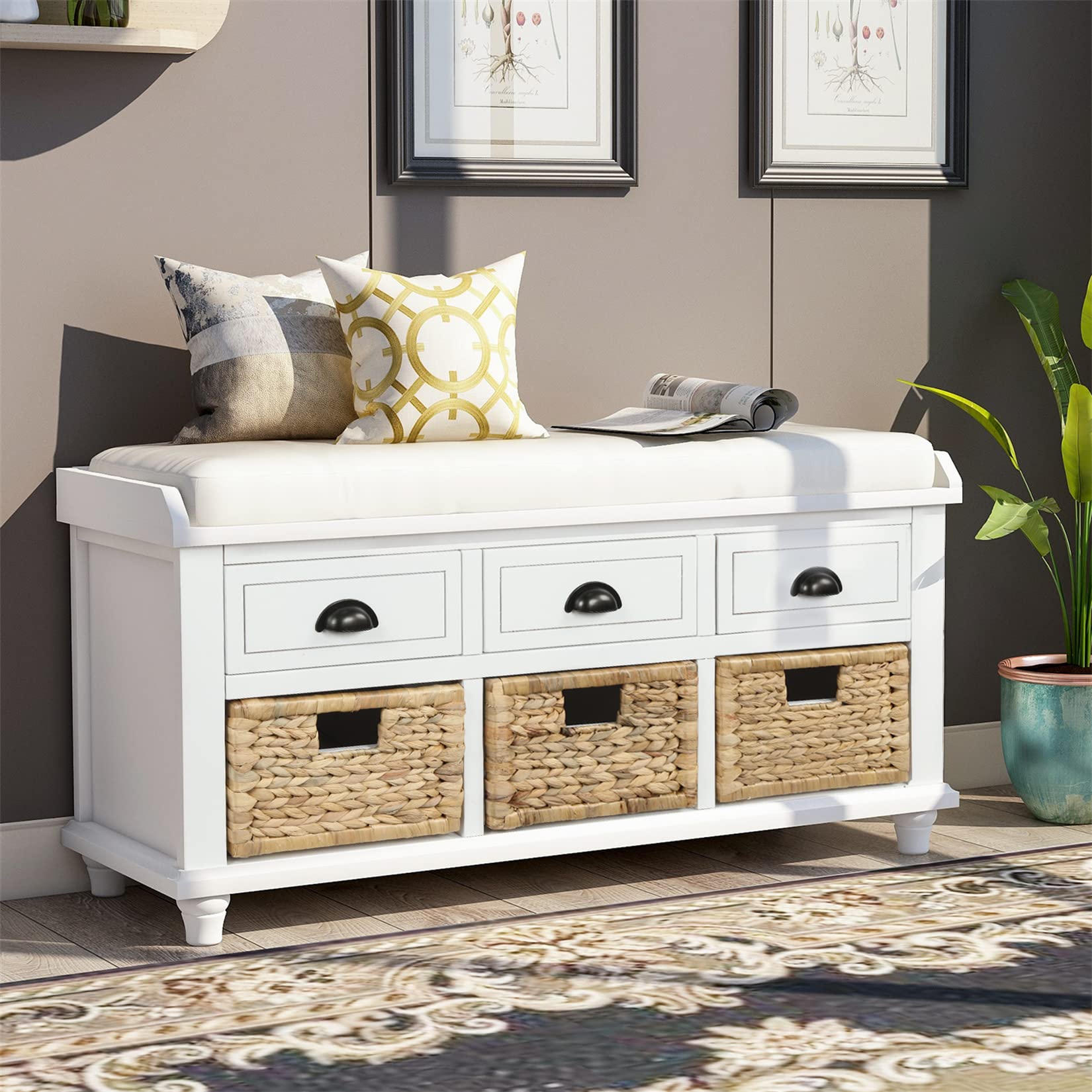 Rustic Wooden Entryway Bench with Cushion - 3 Drawers & 3 Removable Baskets Shoe Storage Bench for Living Room, Bedroom, Hallway, Mudroom - Easy Assembly White - Perfect for Organizing Shoes, Hats & Home Decor
