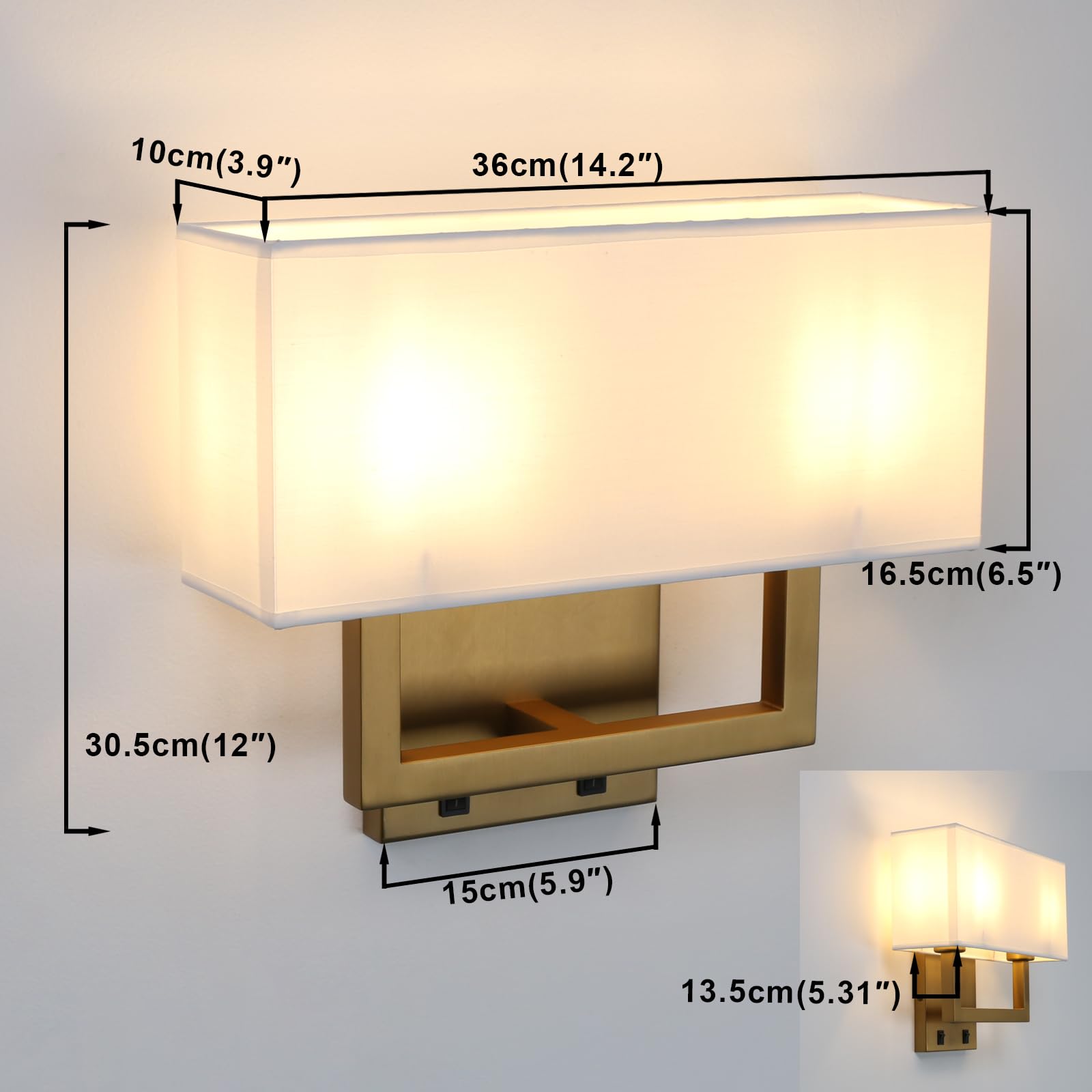 Yosoan Set of 2 Modern Boho Brass Wall Sconces with On/Off Switch - Vintage Industrial 2-Light Vanity Fixtures with White Fabric Shades - Perfect for Bedroom, Living Room, Hallway & Reading Nook (Antique Brass Finish)