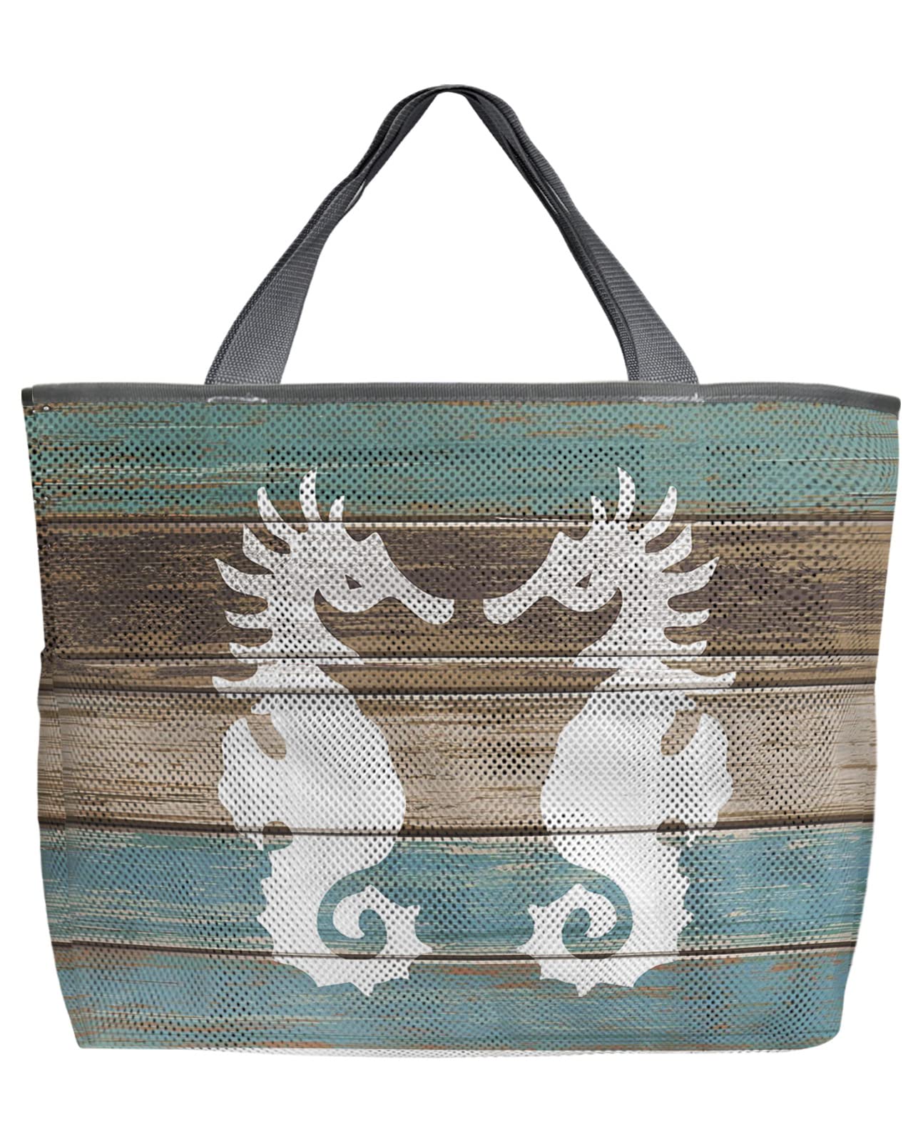 Mesh Beach Tote Bag - 60L Oversized Seahorse Print Quick-Dry Swim Bag with Pockets | Foldable Lightweight Storage Net for Pool, Beach & Groceries | Retro Rustic Design (24x16x9 Inches) - Perfect for Summer Vacations, Swimming Gear Storage & Shopping Trips