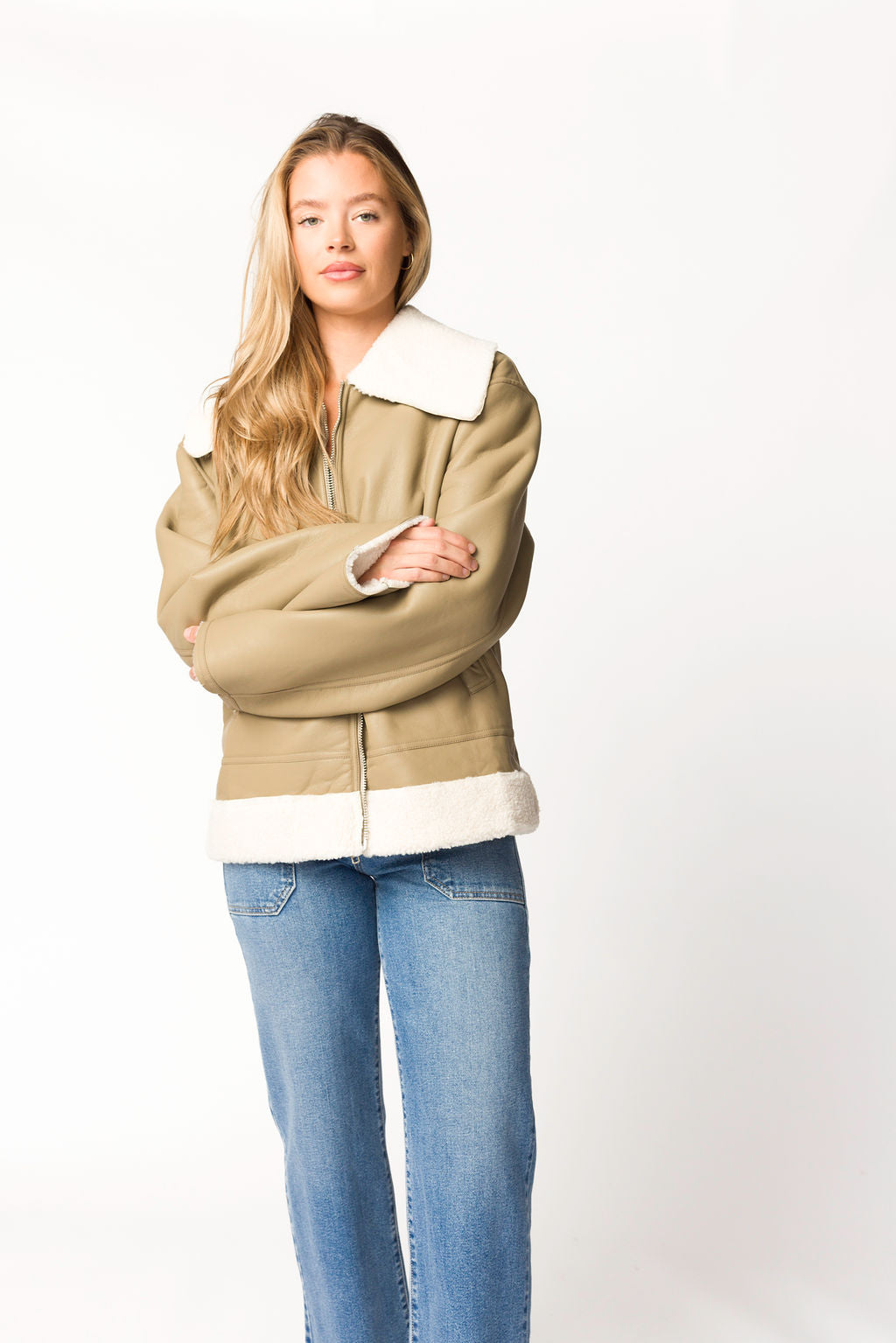 Sammy Vegan Leather Shearling Jacket for Women - Sandstone Color | Winter Warm Coats | Perfect for Outdoor Activities & Casual Wear