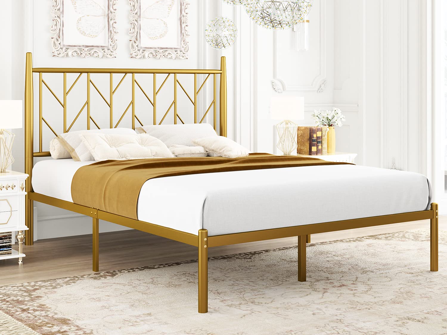 Hoomic Queen Size Platform Bed Frame with Vintage Headboard - 12'' High Metal Bed Frame with Storage Space | Modern Mattress Foundation with Heavy Duty Steel Slats | No Box Spring Needed | Easy Assembly in Gold | Perfect for Small Bedrooms, Guest Rooms & Modern Apartments