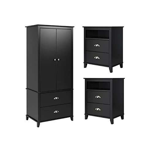 Home Square 3-Piece Bedroom Set - Black 2-Drawer Nightstands & Wardrobe Armoire for Master Bedroom or Guest Room Organization