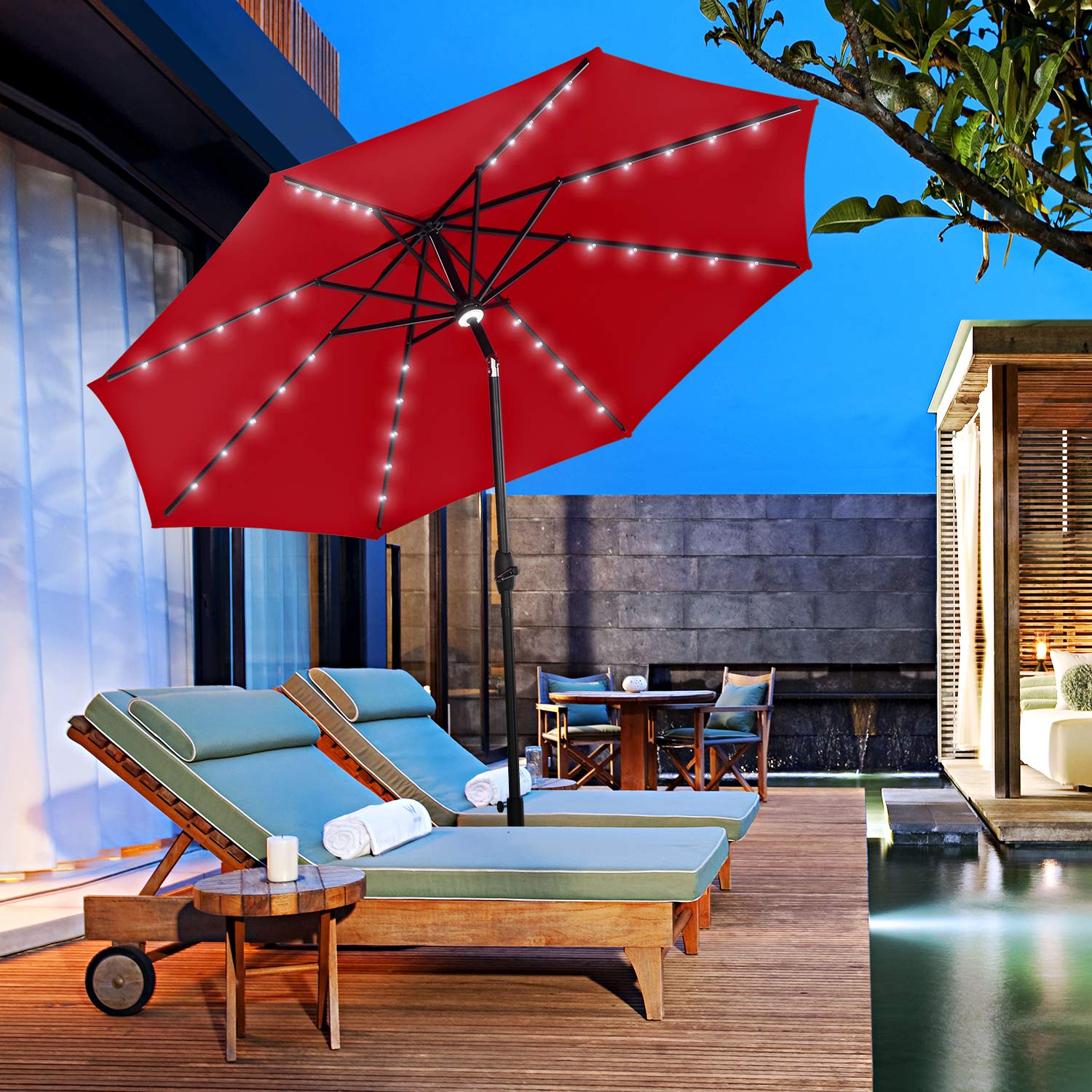 10Ft Outdoor Steel Patio Umbrella with LED Lights - Tilt & Crank Mechanism for Garden, Deck, Backyard, Pool - Red | Perfect for Outdoor Dining, Lounging, and Poolside Relaxation