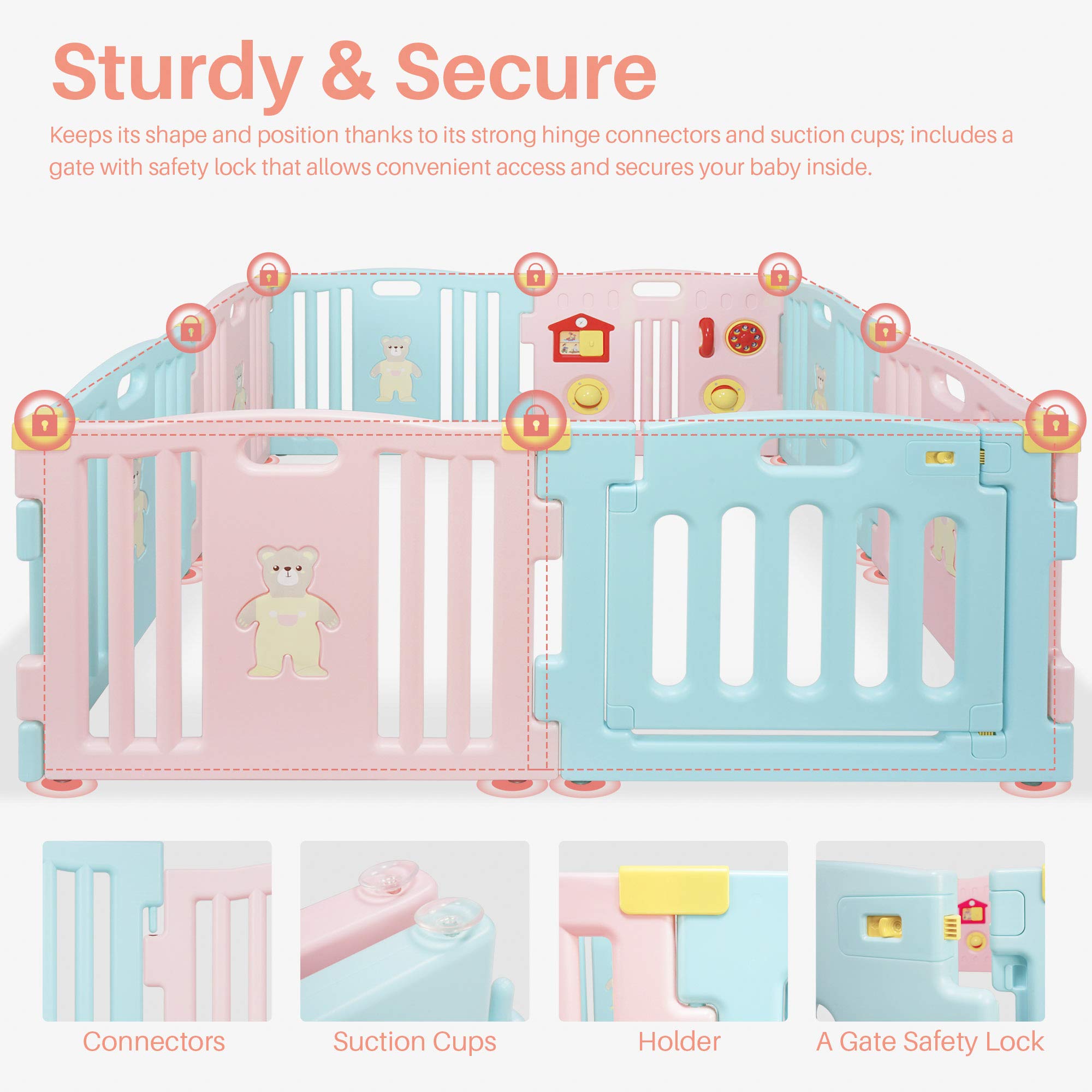 Kidzone 8-Panel Baby Playpen with Safety Gate - ASTM Certified Toddler Play Yard for Indoor & Outdoor Use - Anti-Fall Activity Center for Kids (Pink/Blue) - Perfect for Playrooms, Daycares & Backyards