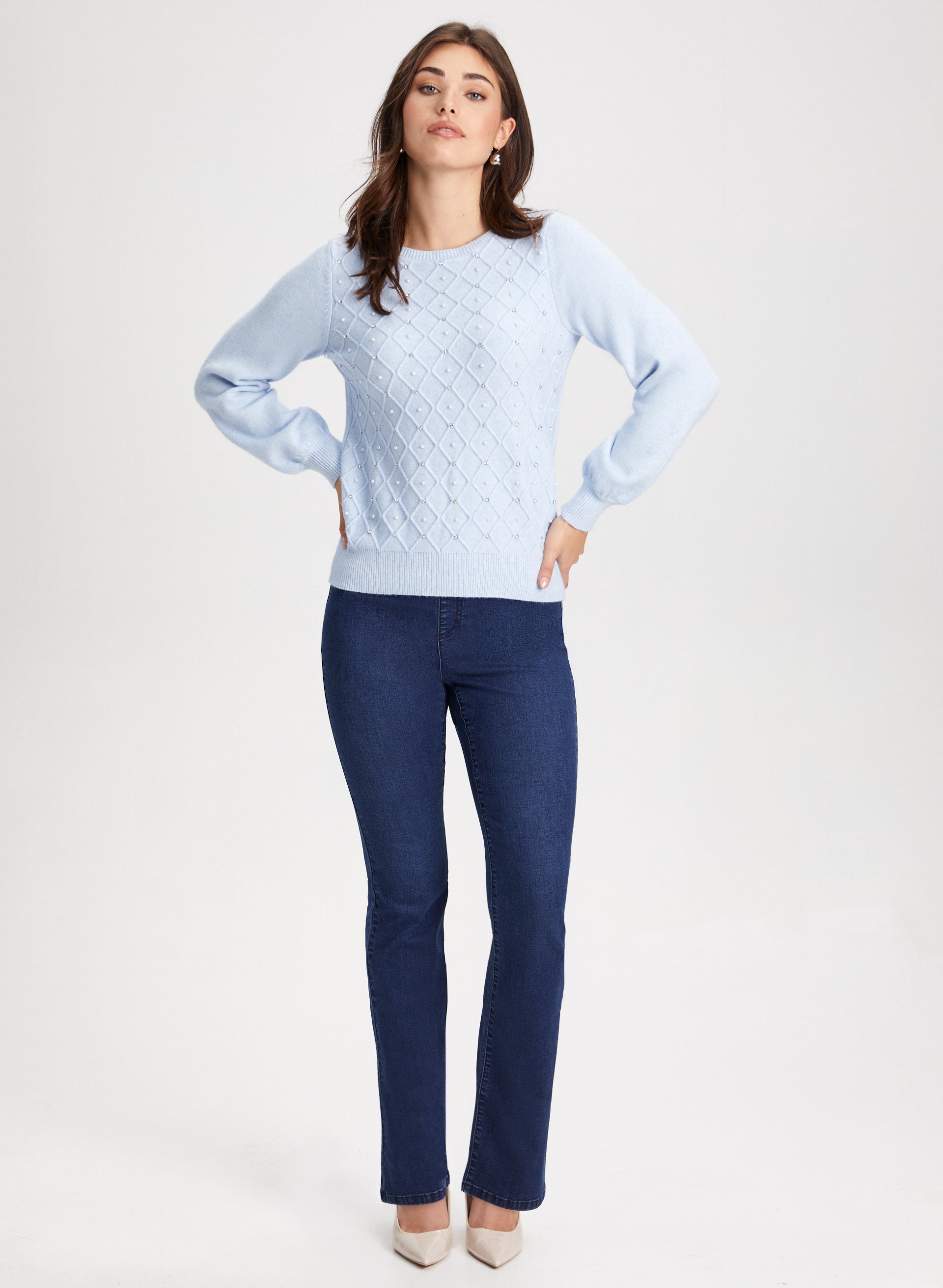 Embellished Sweater & Bootcut Jeans Outfit Set for Women - Stylish Casual Winter Fashion - Perfect for Holiday Parties, Office Wear & Date Nights