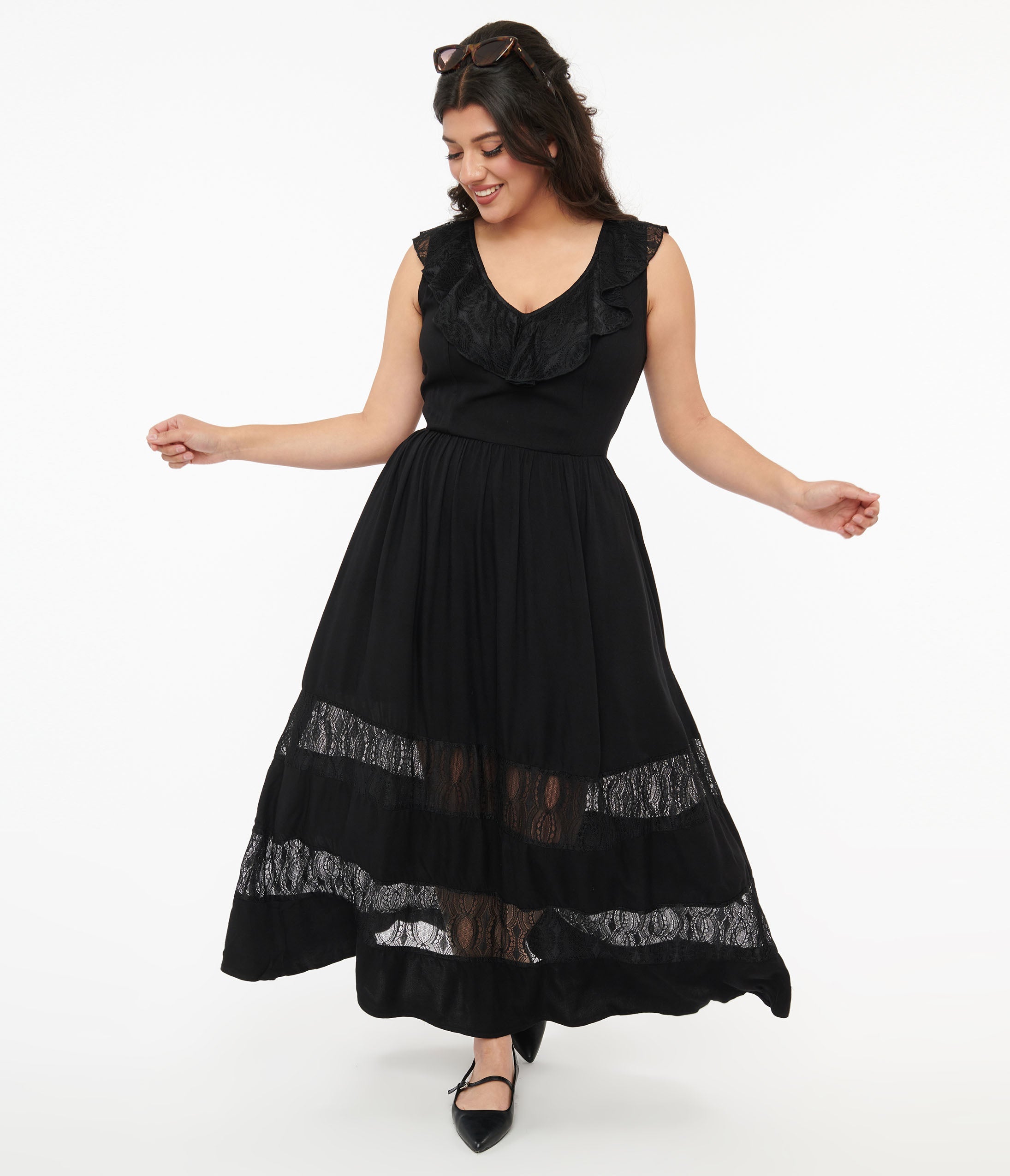 Vintage 1970s Hell Bunny Black Lace Stripe Maxi Dress - Retro Floral Boho Dress for Women, Perfect for Parties, Weddings & Special Occasions