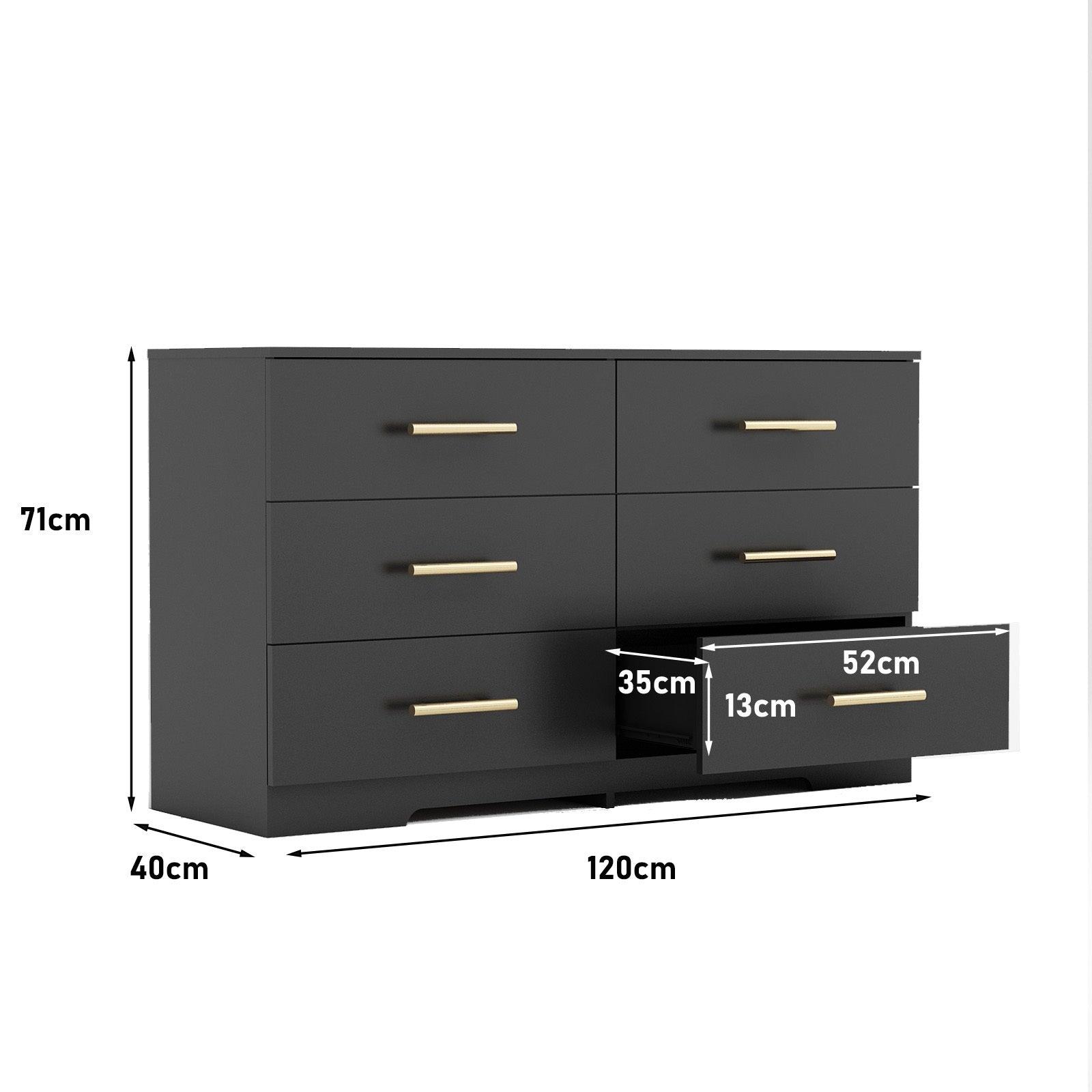 Black 6-Drawer Dresser with Golden Handles - Large Chest of Drawers for Bedroom, Living Room & Office Storage