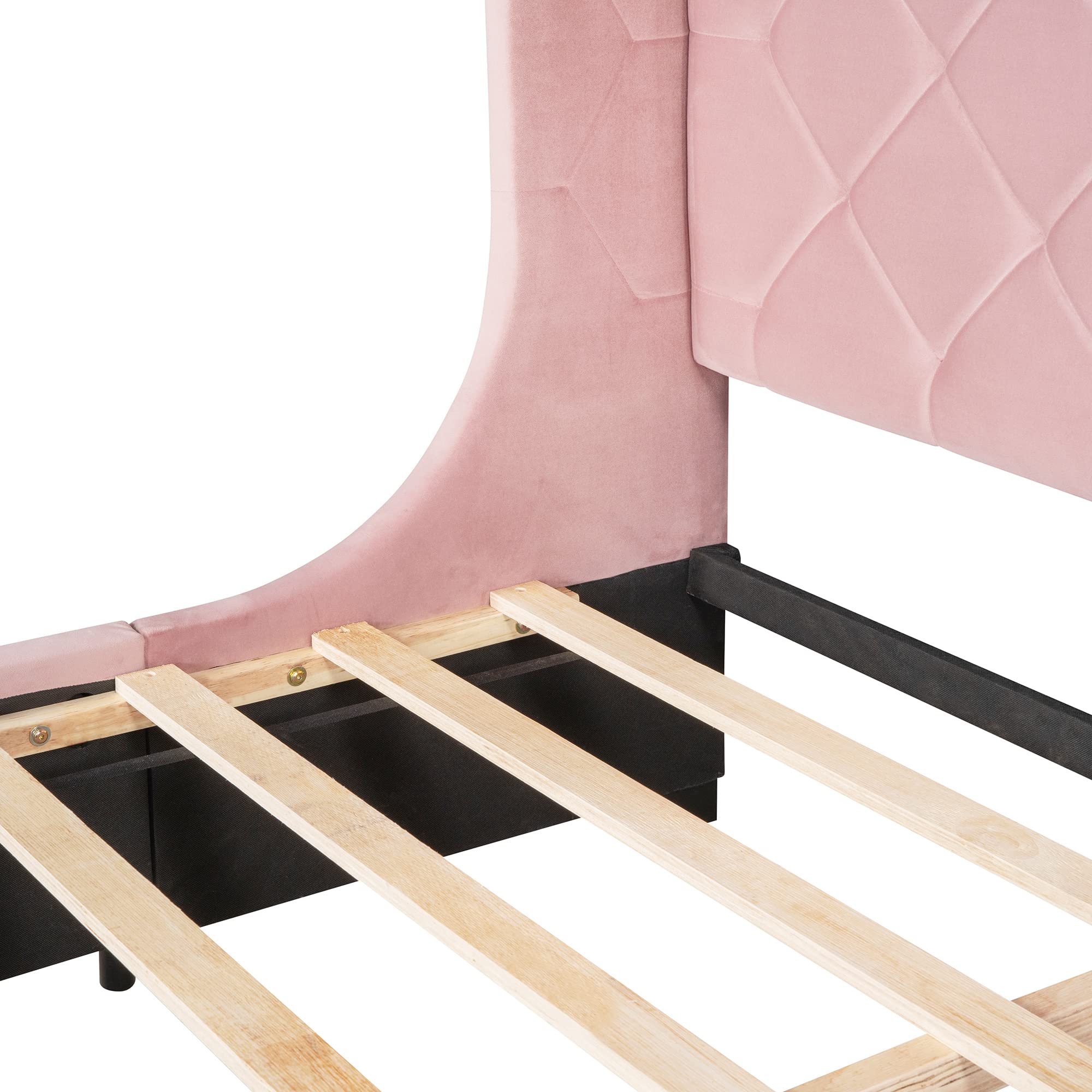 Harper & Bright Designs Queen Size Velvet Upholstered Platform Bed with Storage Drawer & Wingback Headboard - No Box Spring Needed, Pink - Perfect for Bedroom, Guest Room & Small Space Living