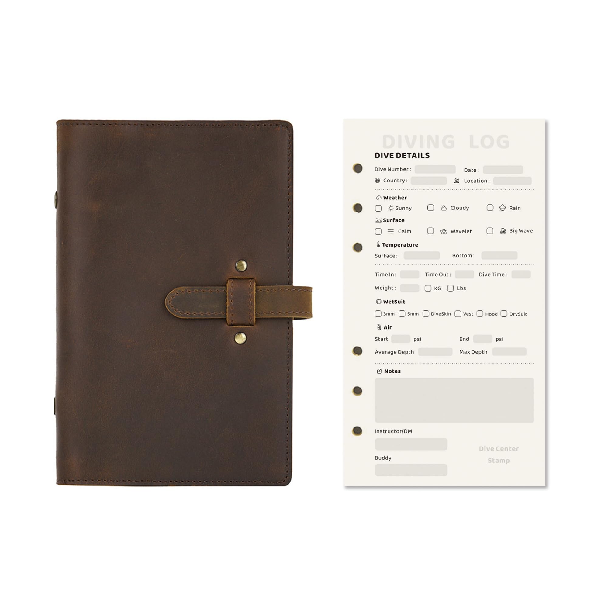 Professional Scuba Diving Log Book - PADI Open Water Diver Manual & Leather Binder - A6 Size 50-Page Dive Journal - Perfect Scuba Gifts & Accessories for Recording Underwater Adventures