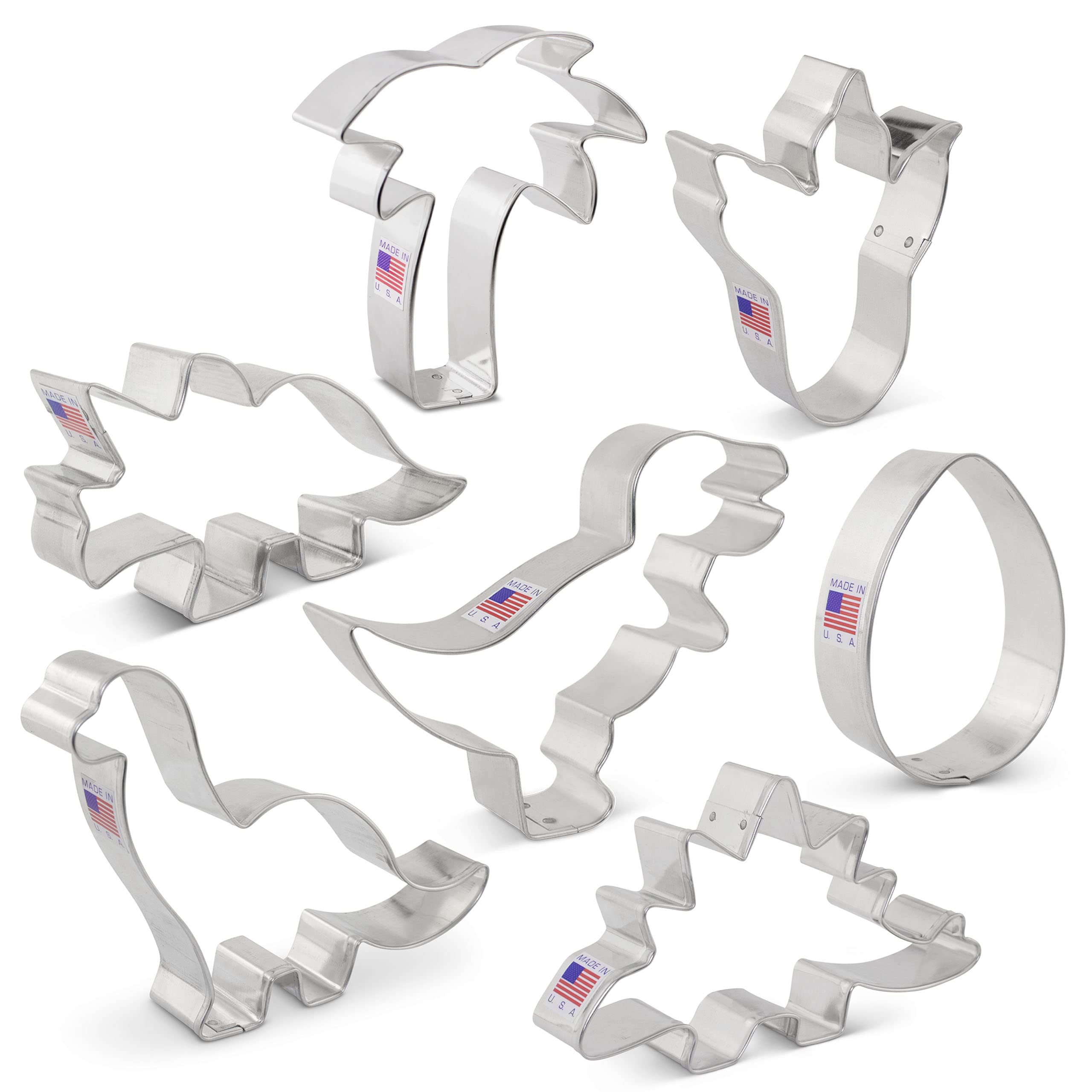 Dinosaur Cookie Cutters 7-Piece Set - T-Rex, Brontosaurus, Stegosaurus, Dino Foot & Egg - Made in USA by Ann Clark - Perfect for Baking, Kids Parties & Dinosaur-Themed Events