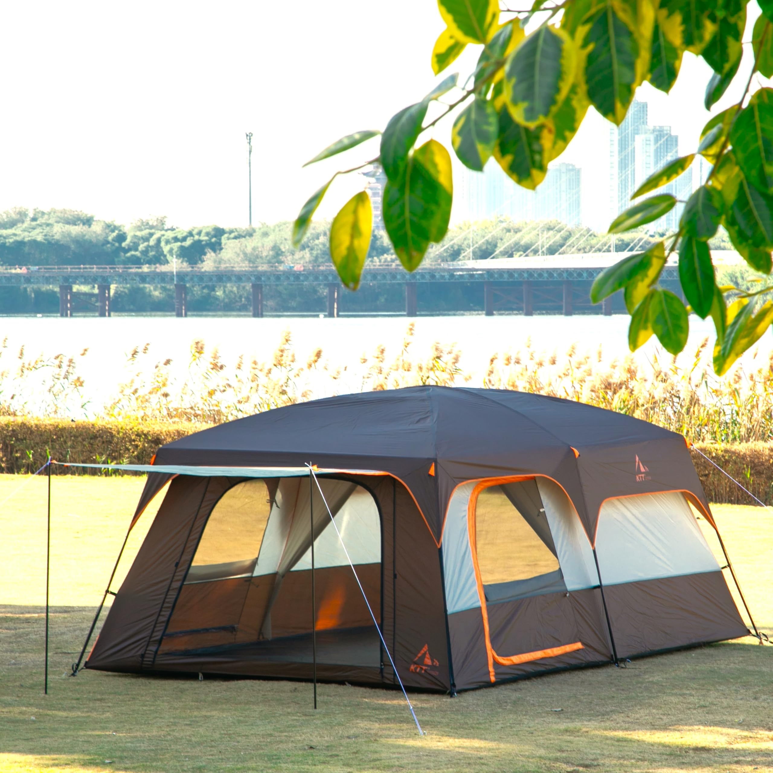KTT Extra Large Family Cabin Tent for 10-14 People - 2 Rooms, 3 Doors & 3 Mesh Windows, Waterproof Double Layer Straight Wall Design - Perfect for Camping, Picnics, Family Gatherings & Outdoor Adventures