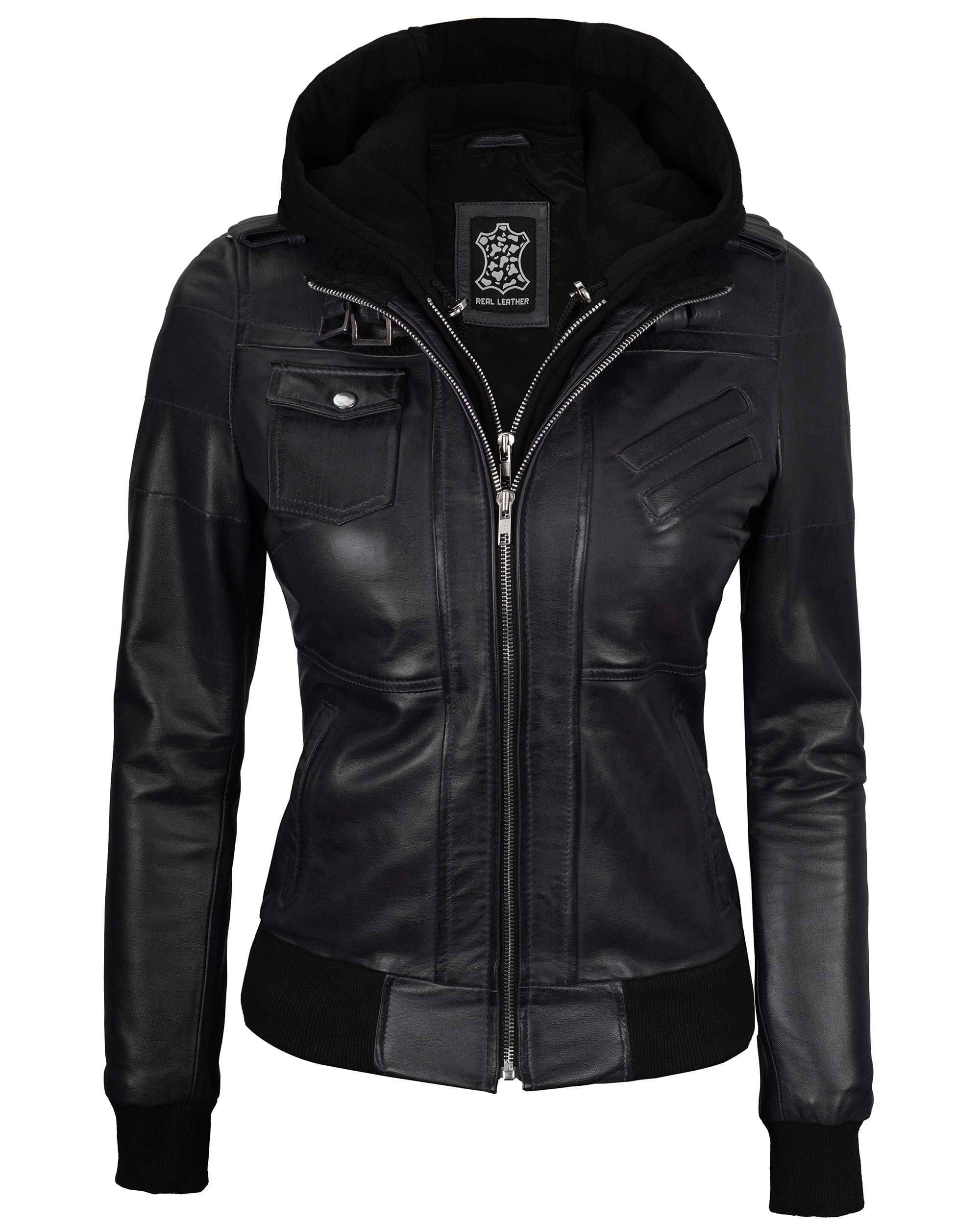 Genuine Lambskin Bomber Jacket for Women - Real Leather Jacket with Detachable Hood | Stylish Outerwear for Casual, Night Out & Fall Fashion