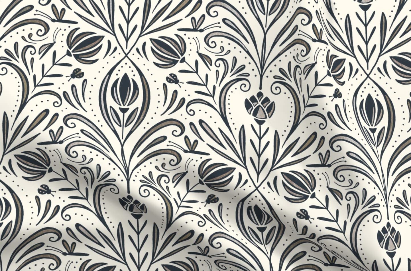 Modern Damask Black Ivory Botanical Garden Floral Printed Minky Fabric by The Yard - Soft Plush Material for Sewing Baby Blankets, Quilt Backing & Home Decor - Perfect for Nursery, DIY Crafts & Upholstery Projects