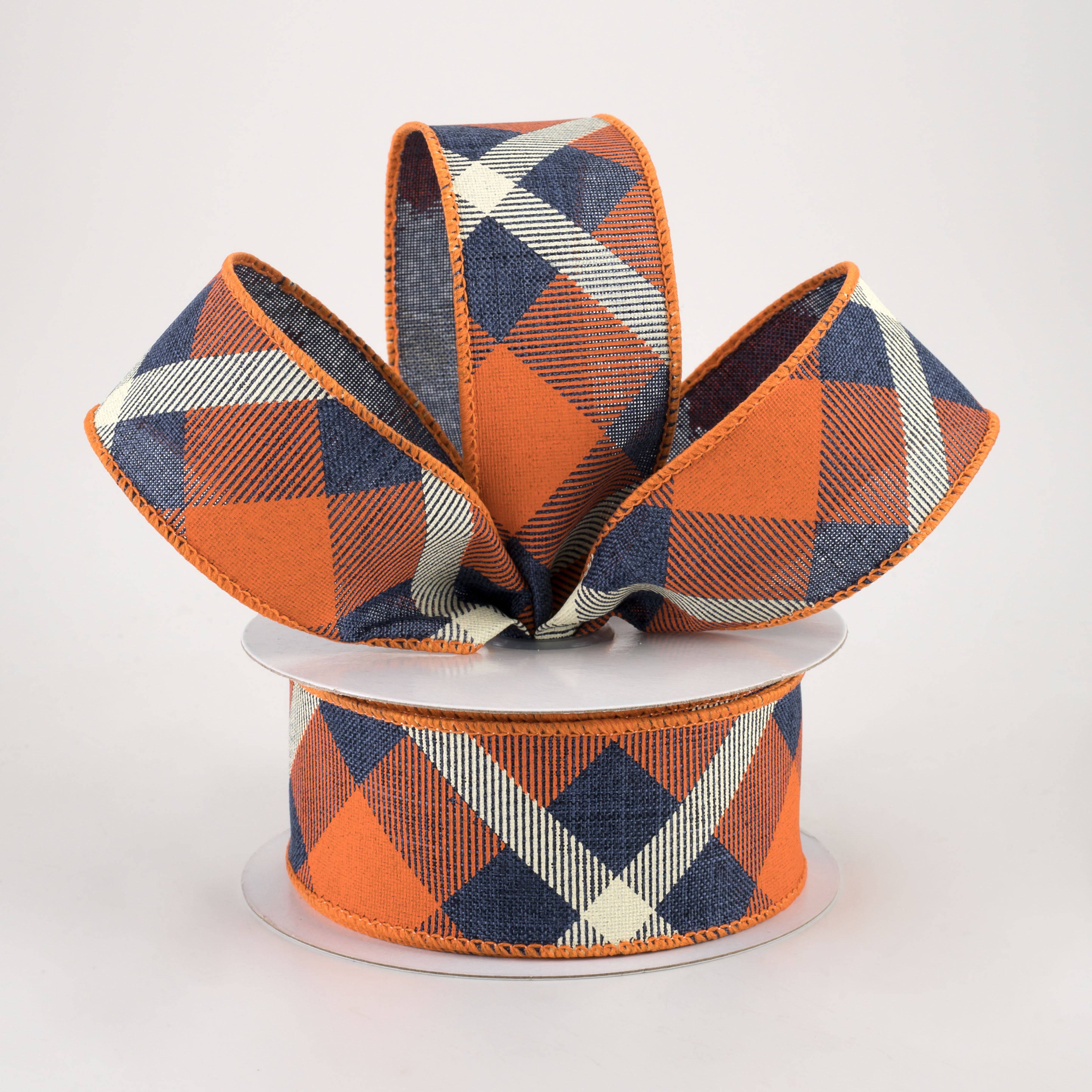 1.5 Inch Printed Plaid Ribbon - Dark Navy, Orange & Cream - 10 Yards Bulk Roll for Gift Wrapping, Crafts, DIY Projects & Holiday Decorations