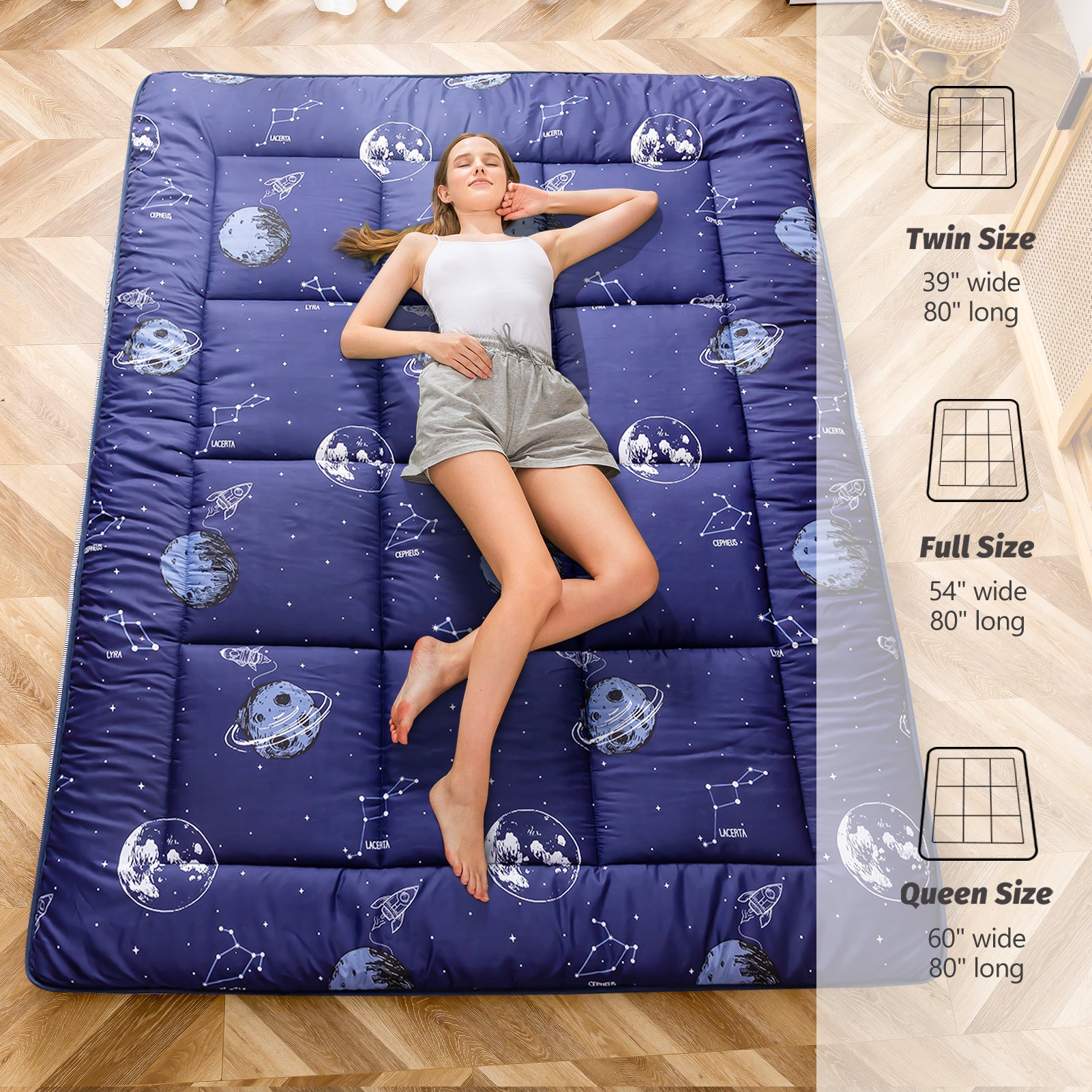 MAXYOYO Padded Japanese Floor Mattress - Navy Space Adventure Design | Foldable Futon for Bedroom, Guest Room & Camping | Comfortable Floor Sleeping Mat for Adults & Kids