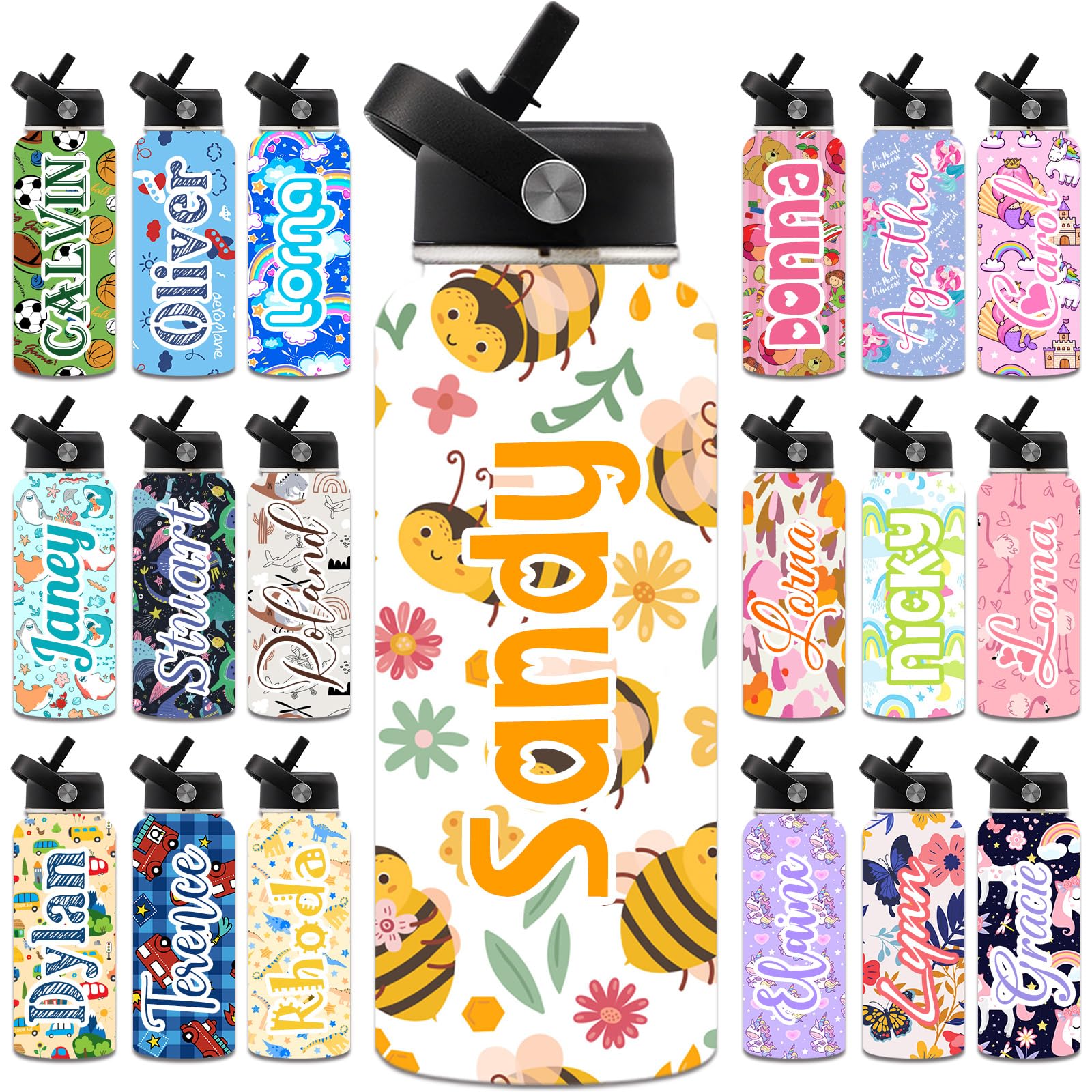 Personalized 18oz Stainless Steel Water Bottle with Straw - Custom Name Insulated Water Bottle for Kids, Girls & Boys - Perfect for School, Sports, Gym & Outdoor Activities