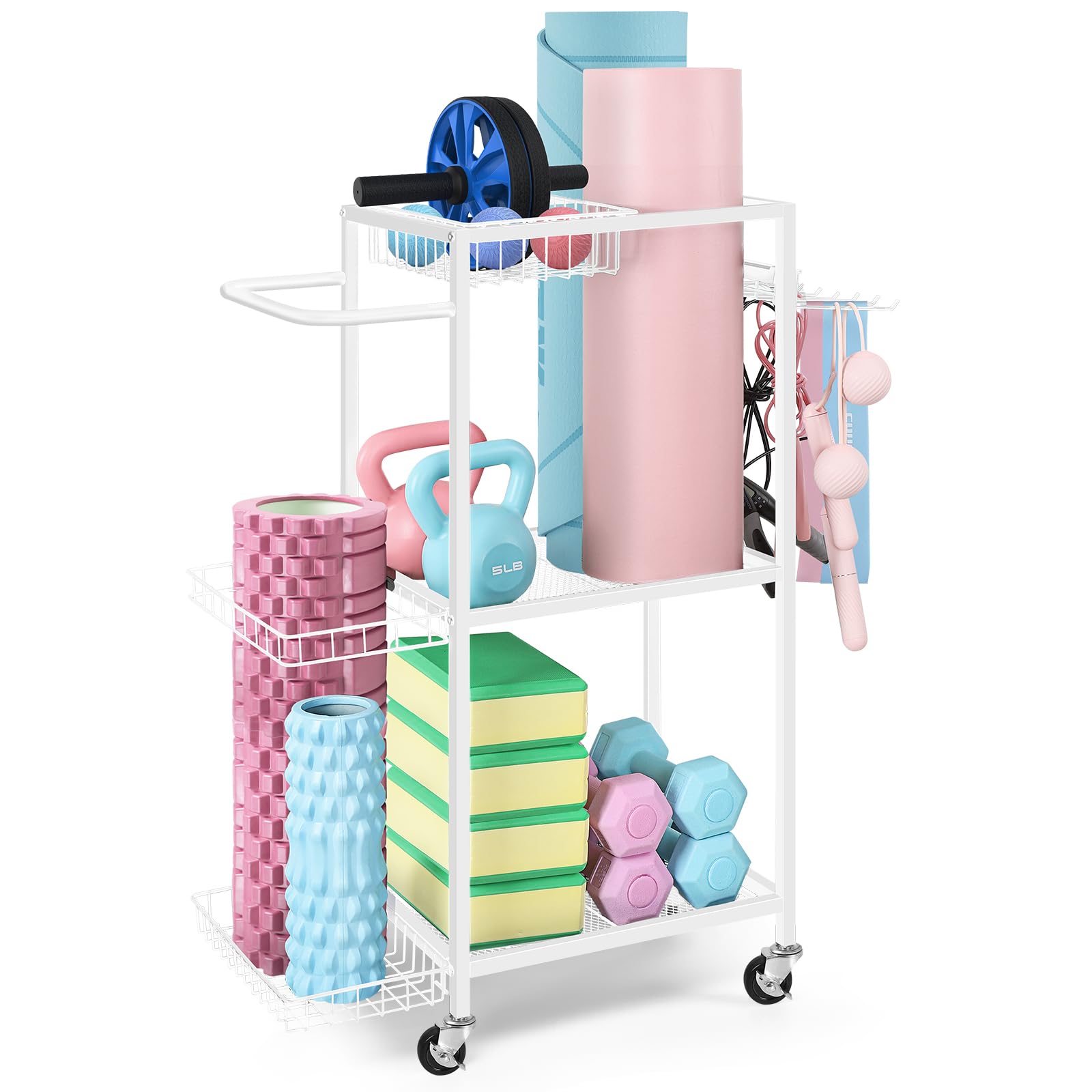 LIANTRAL Dumbbell Rack & Yoga Mat Organizer - Heavy Duty Home Gym Equipment Storage with Hooks & Wheels for Dumbbells, Yoga Mats, Exercise Balls - Perfect for Garage, Basement & Home Workout Spaces